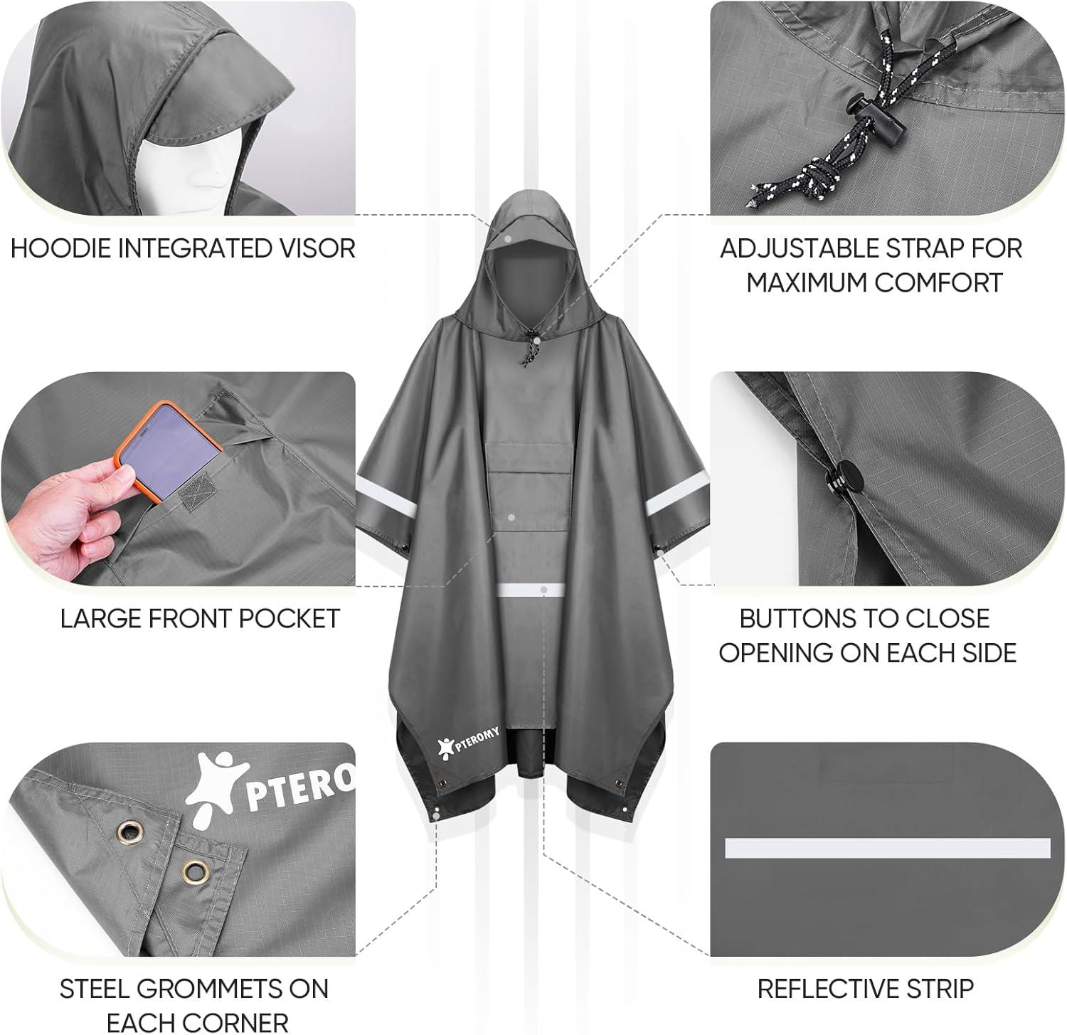 image:imagePTEROMY 3in1 Hooded Rain Poncho for Adult with Pocket Waterproof Lightweight Unisex Raincoat for Hiking Camping EmergencyGrey W Reflective Stripe