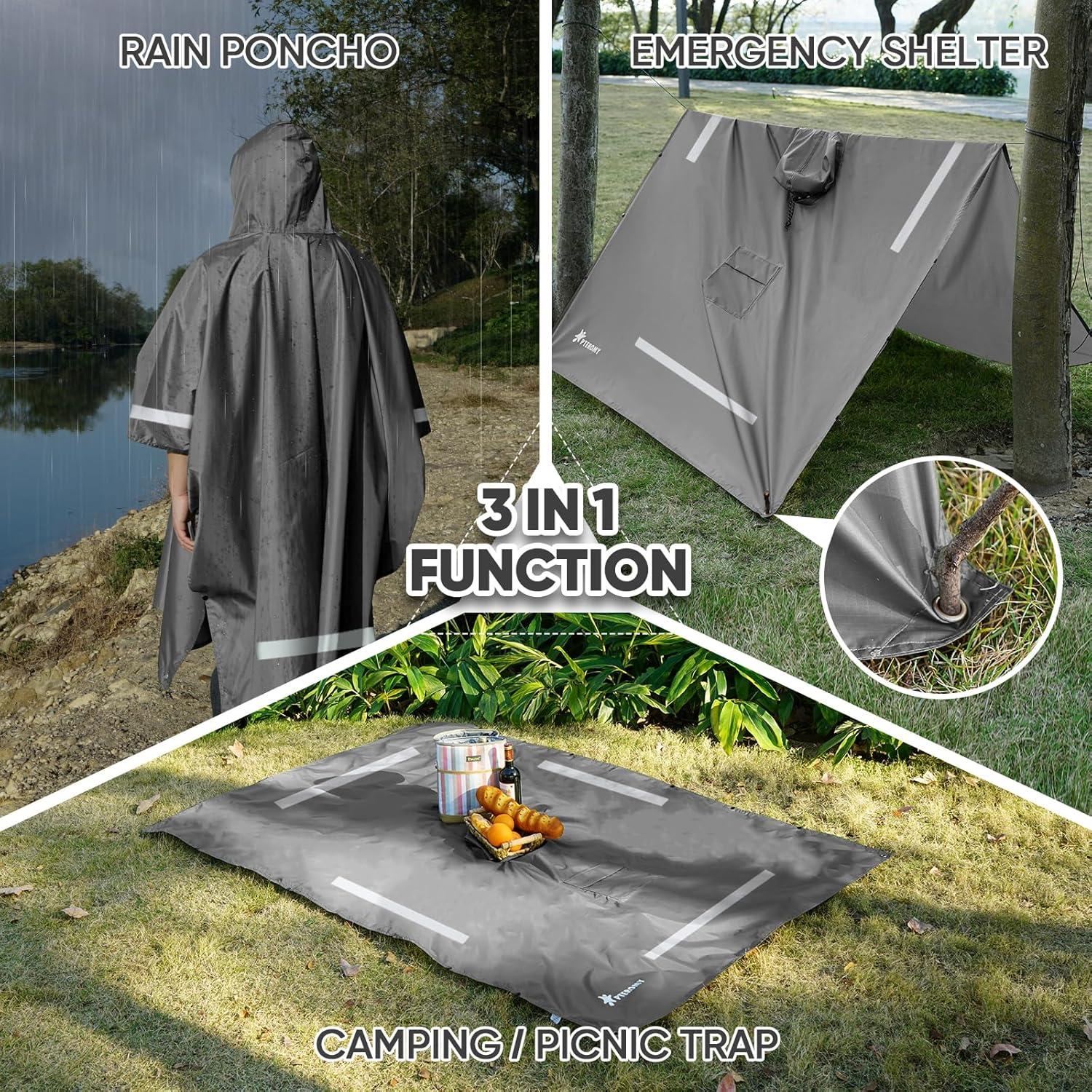image:imagePTEROMY 3in1 Hooded Rain Poncho for Adult with Pocket Waterproof Lightweight Unisex Raincoat for Hiking Camping EmergencyGrey W Reflective Stripe