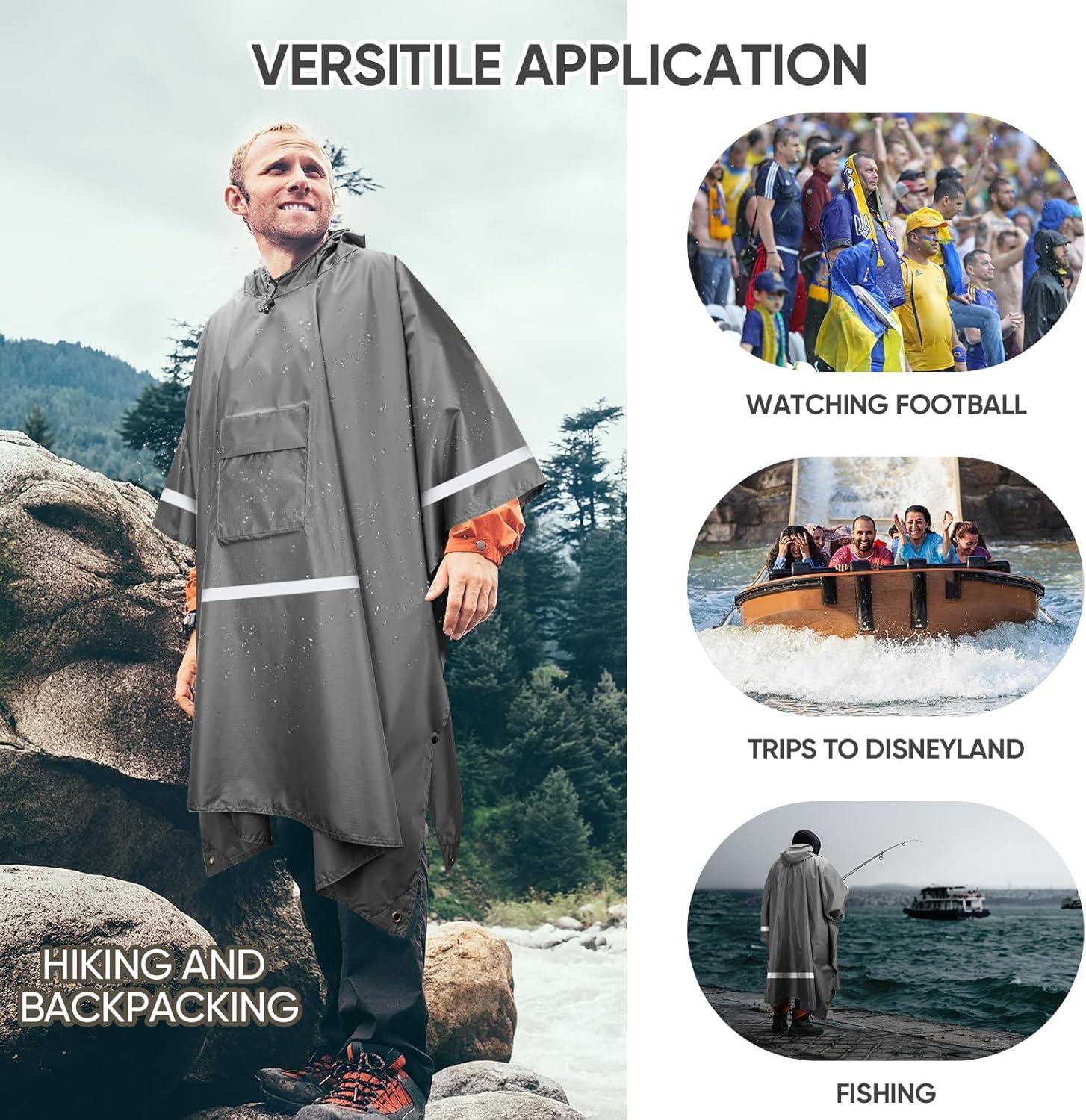 image:imagePTEROMY 3in1 Hooded Rain Poncho for Adult with Pocket Waterproof Lightweight Unisex Raincoat for Hiking Camping EmergencyGrey W Reflective Stripe