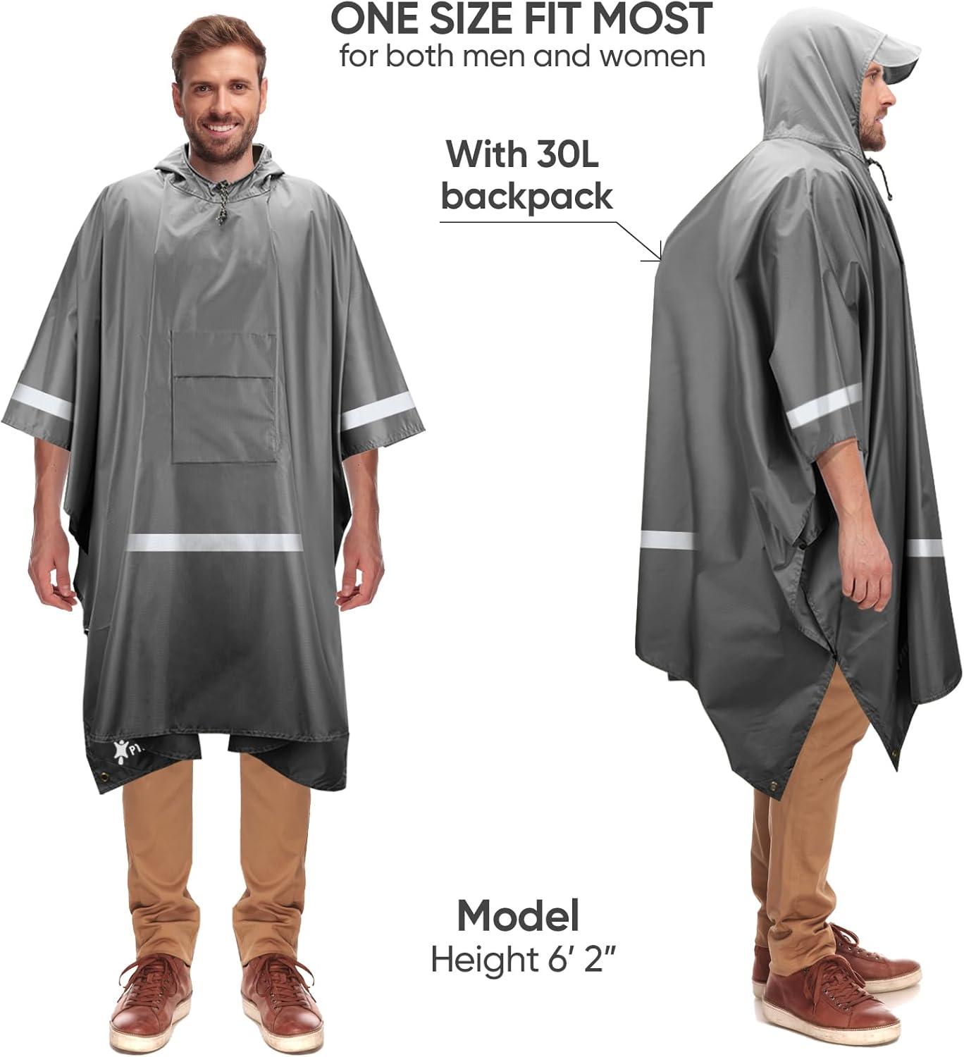 image:imagePTEROMY 3in1 Hooded Rain Poncho for Adult with Pocket Waterproof Lightweight Unisex Raincoat for Hiking Camping EmergencyGrey W Reflective Stripe