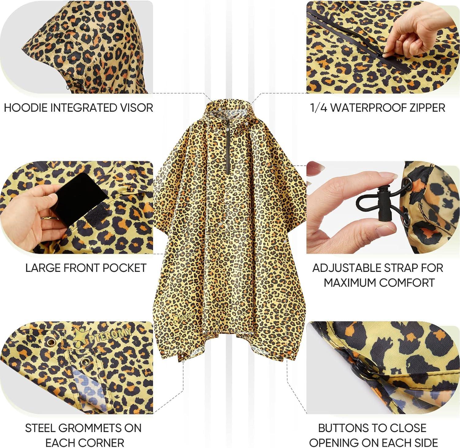 image:imagePTEROMY 3in1 Hooded Rain Poncho for Adult with Pocket Waterproof Lightweight Unisex Raincoat for Hiking Camping EmergencyLeopard 14 Zipper