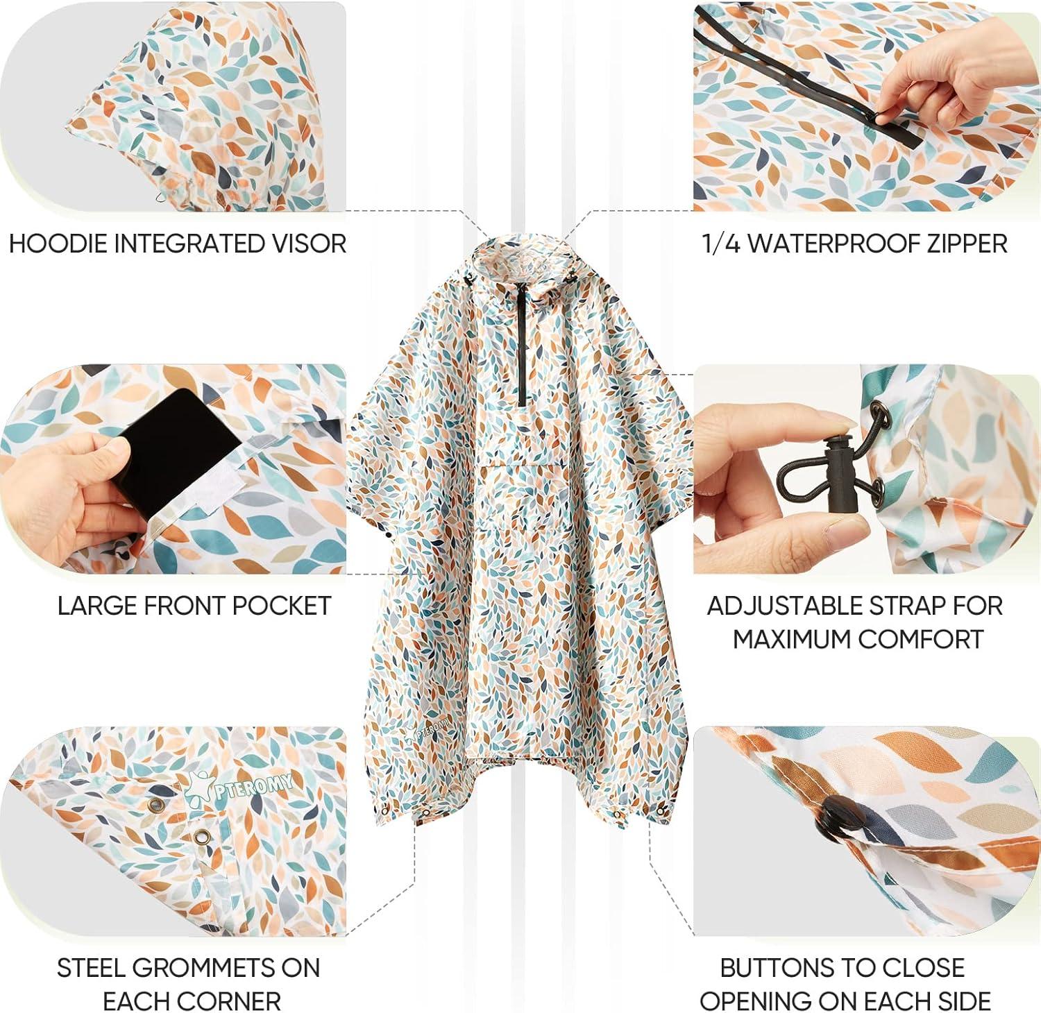 image:imagePTEROMY 3in1 Hooded Rain Poncho for Adult with Pocket Waterproof Lightweight Unisex Raincoat for Hiking Camping EmergencyMosaic 14 Zipper