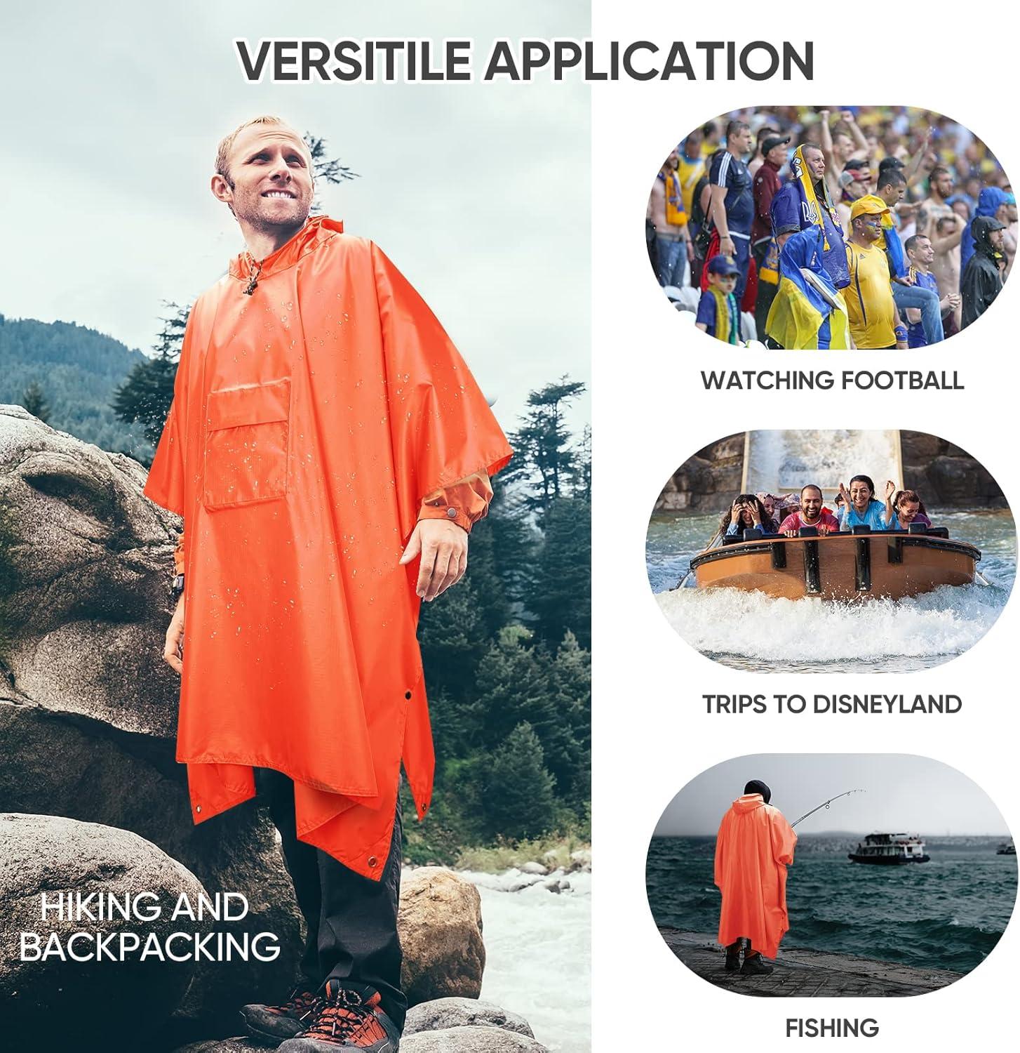 image:imagePTEROMY 3in1 Hooded Rain Poncho for Adult with Pocket Waterproof Lightweight Unisex Raincoat for Hiking Camping EmergencyOrange