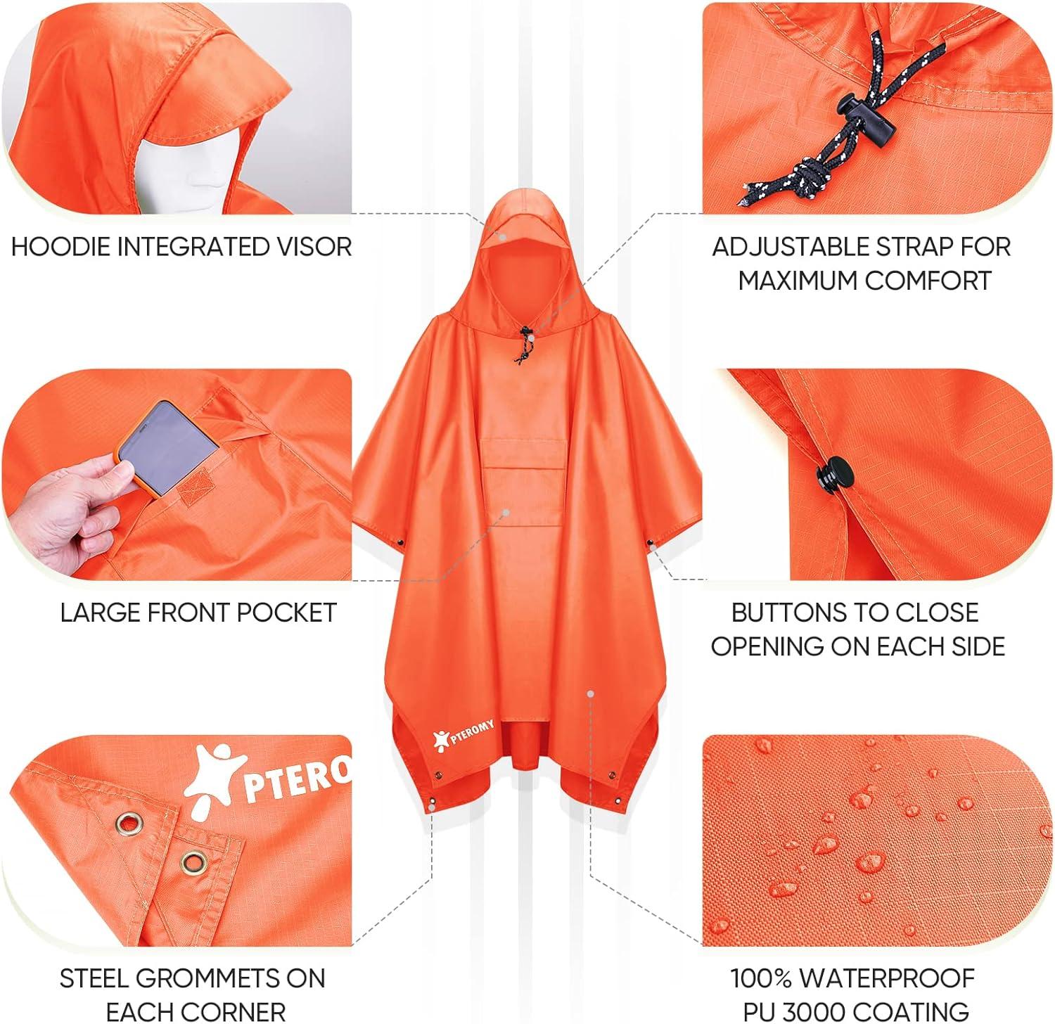 image:imagePTEROMY 3in1 Hooded Rain Poncho for Adult with Pocket Waterproof Lightweight Unisex Raincoat for Hiking Camping EmergencyOrange