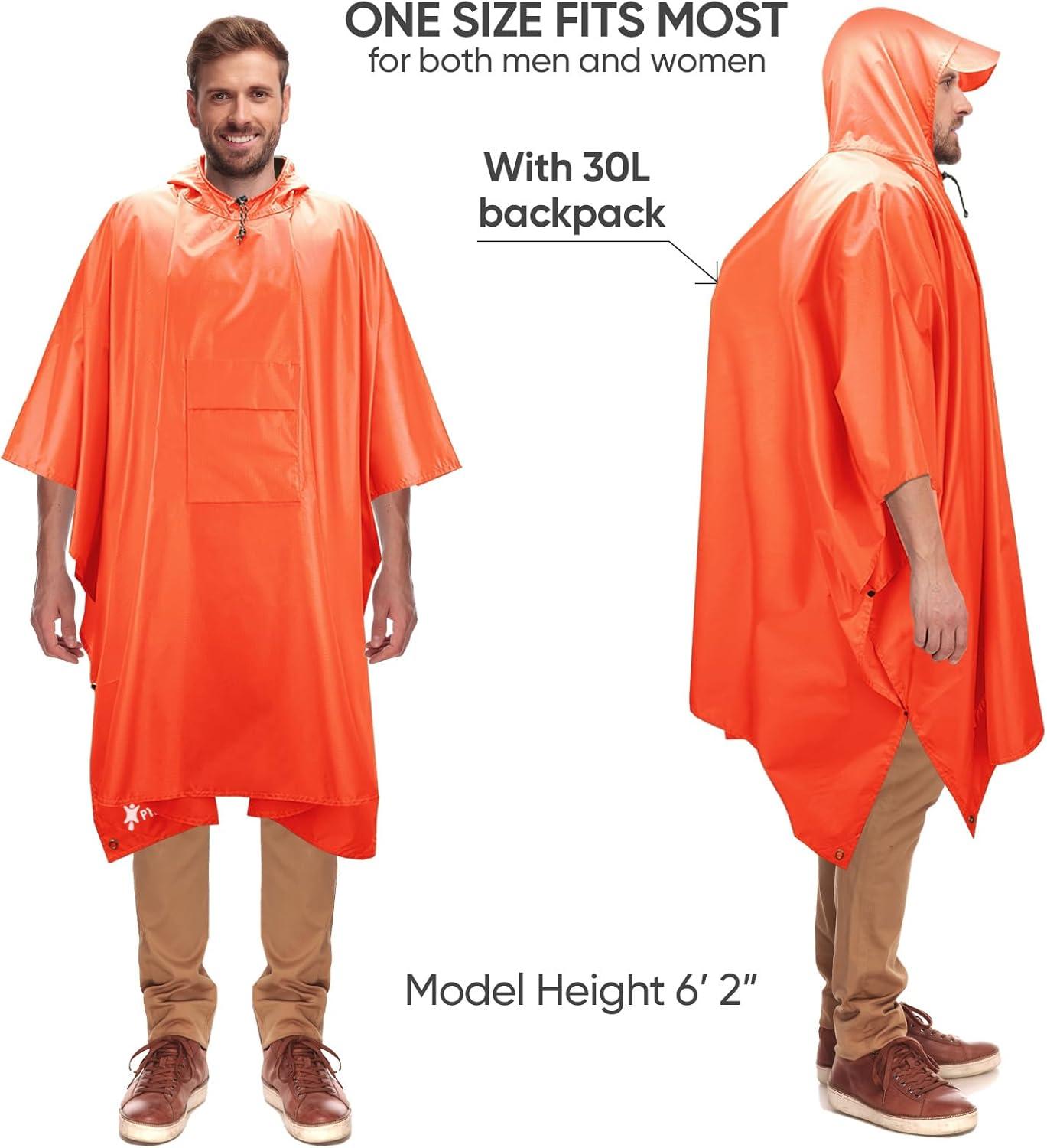 image:imagePTEROMY 3in1 Hooded Rain Poncho for Adult with Pocket Waterproof Lightweight Unisex Raincoat for Hiking Camping EmergencyOrange
