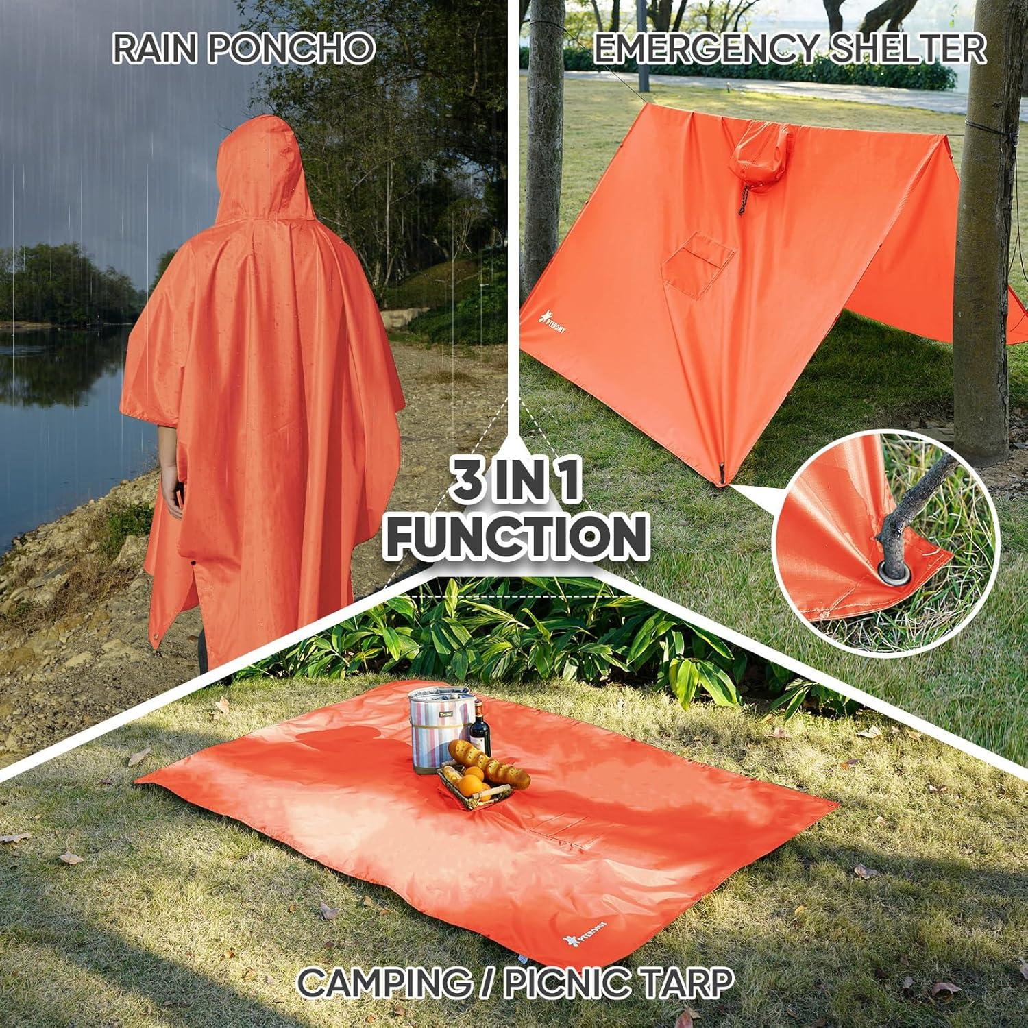 image:imagePTEROMY 3in1 Hooded Rain Poncho for Adult with Pocket Waterproof Lightweight Unisex Raincoat for Hiking Camping EmergencyOrange