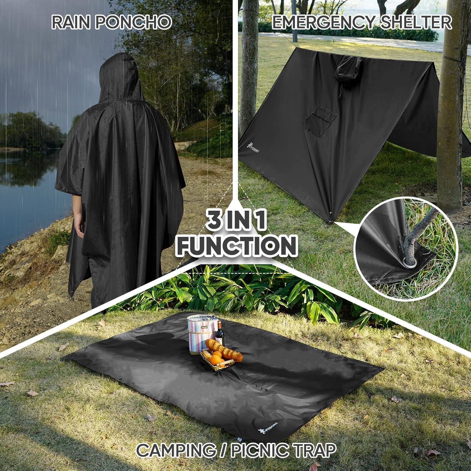 image:imagePTEROMY 3in1 Hooded Rain Poncho for Adult with Pocket Waterproof Lightweight Unisex Raincoat for Hiking Camping EmergencyParallelogram 14 Zipper