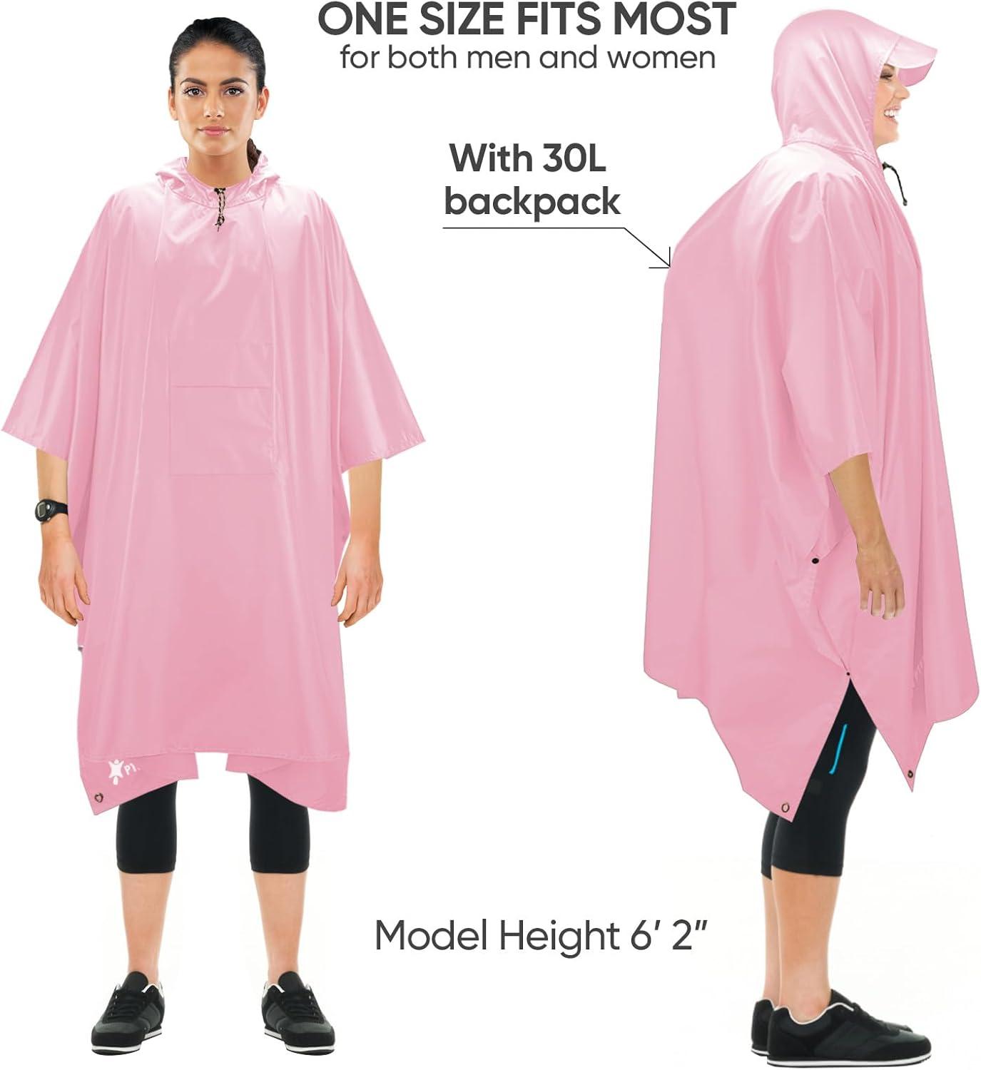 image:imagePTEROMY 3in1 Hooded Rain Poncho for Adult with Pocket Waterproof Lightweight Unisex Raincoat for Hiking Camping EmergencyPink