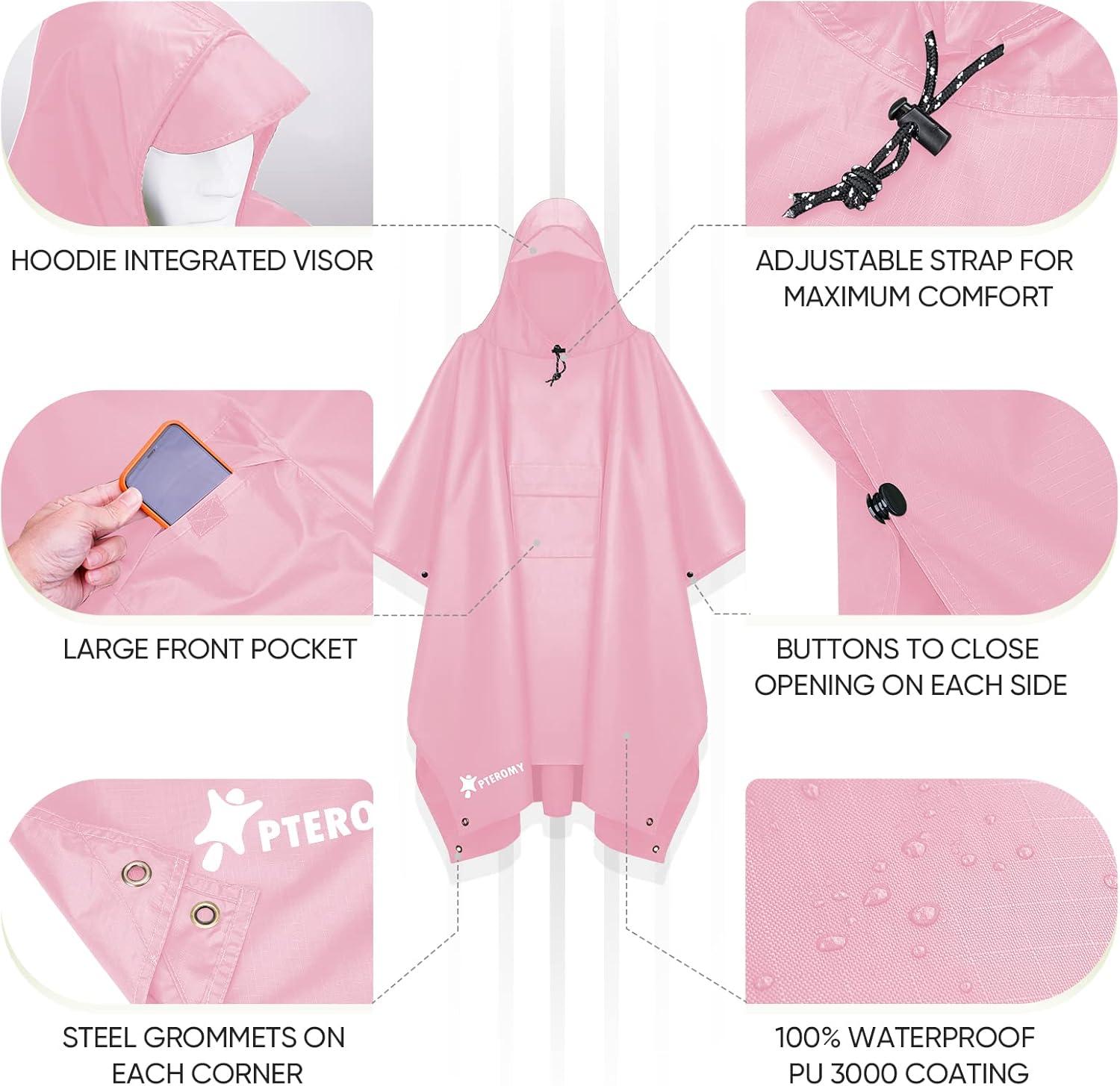 image:imagePTEROMY 3in1 Hooded Rain Poncho for Adult with Pocket Waterproof Lightweight Unisex Raincoat for Hiking Camping EmergencyPink
