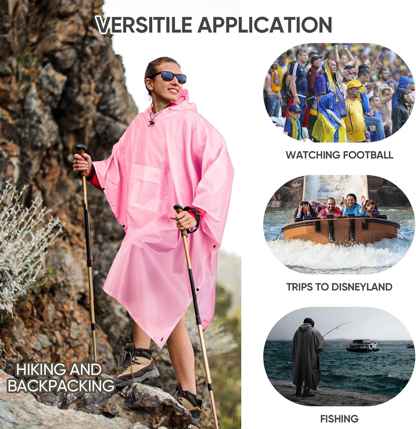image:imagePTEROMY 3in1 Hooded Rain Poncho for Adult with Pocket Waterproof Lightweight Unisex Raincoat for Hiking Camping EmergencyPink