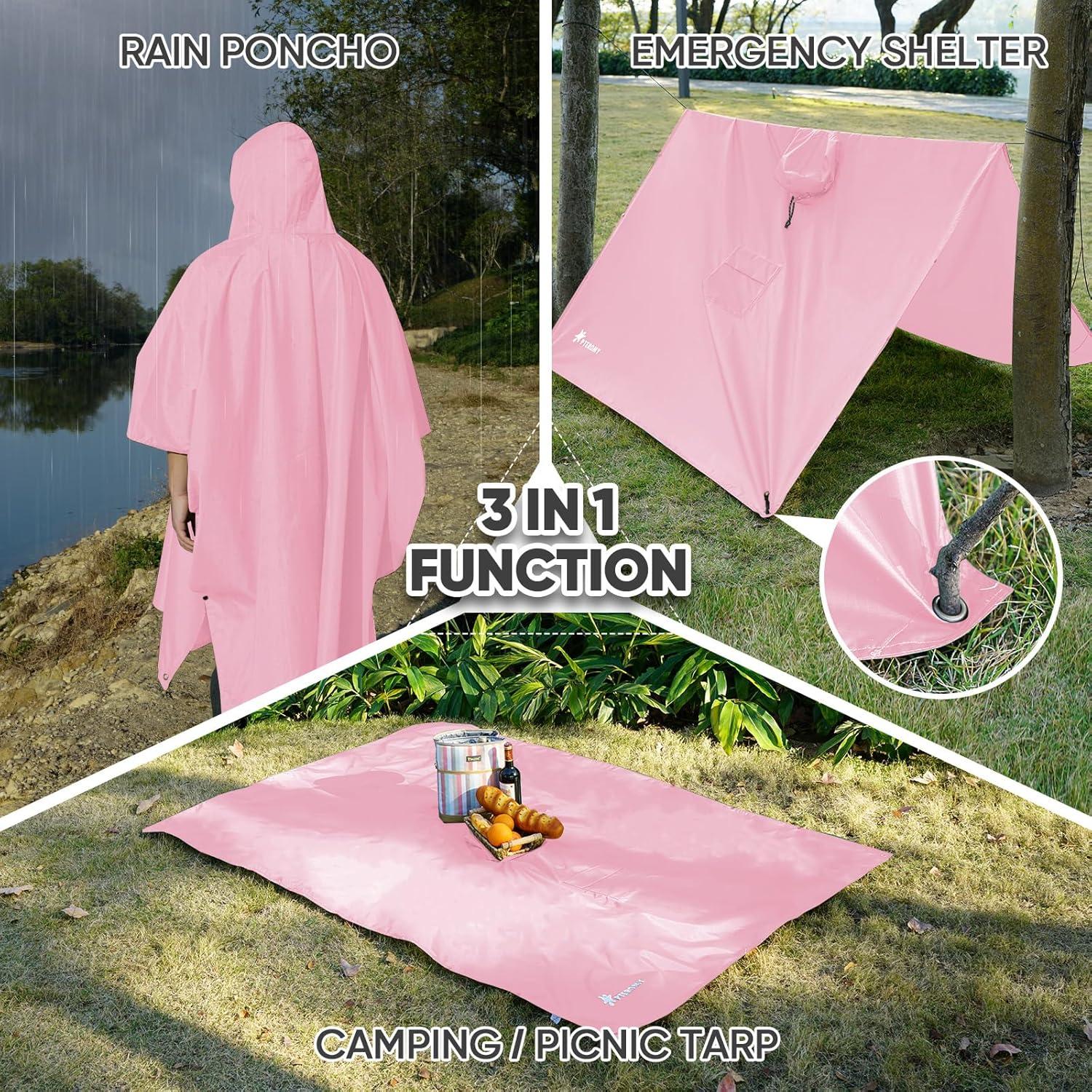 image:imagePTEROMY 3in1 Hooded Rain Poncho for Adult with Pocket Waterproof Lightweight Unisex Raincoat for Hiking Camping EmergencyPink