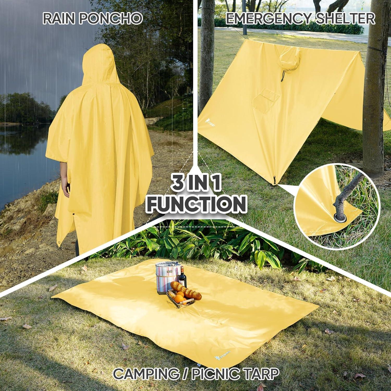 image:imagePTEROMY 3in1 Hooded Rain Poncho for Adult with Pocket Waterproof Lightweight Unisex Raincoat for Hiking Camping EmergencyYellow