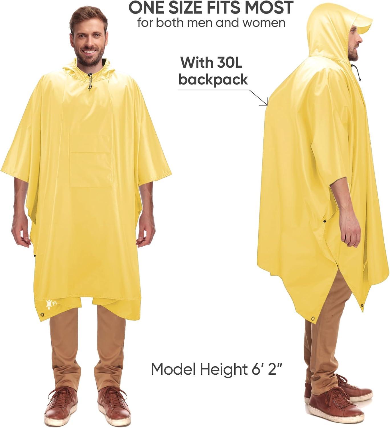image:imagePTEROMY 3in1 Hooded Rain Poncho for Adult with Pocket Waterproof Lightweight Unisex Raincoat for Hiking Camping EmergencyYellow