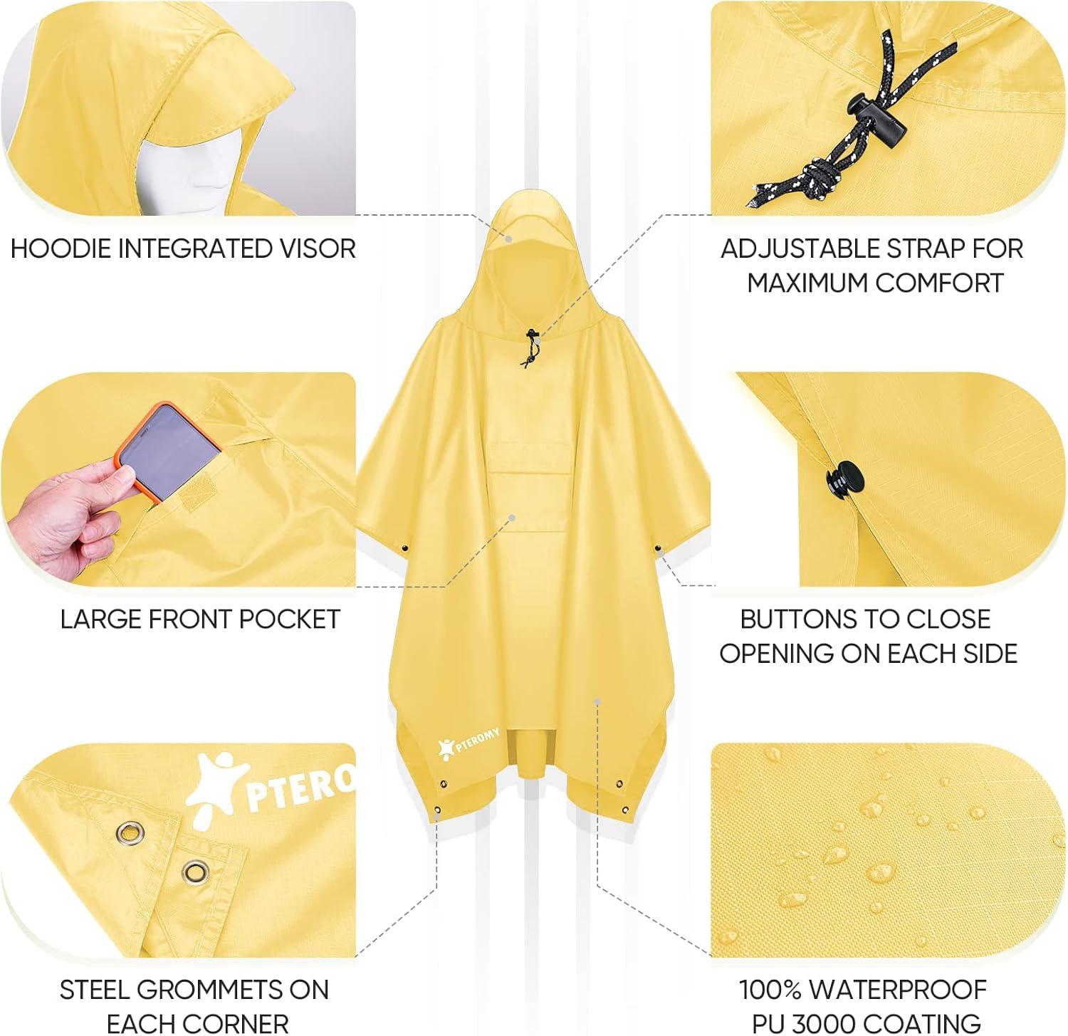 image:imagePTEROMY 3in1 Hooded Rain Poncho for Adult with Pocket Waterproof Lightweight Unisex Raincoat for Hiking Camping EmergencyYellow