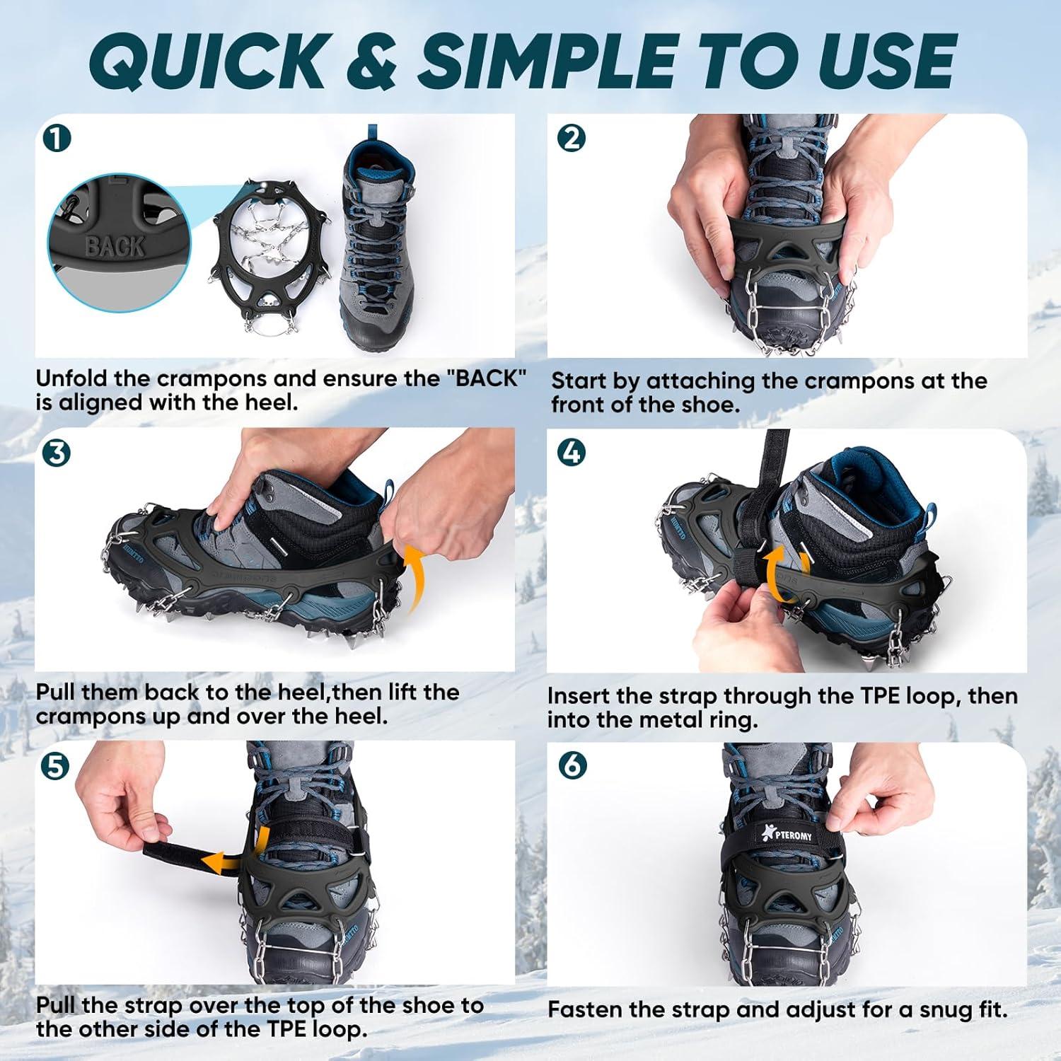 image:imagePTEROMY Crampons for Hiking Boots with 24 Stainless Steel Spikes Ice Cleats for Shoes and BootsMedium