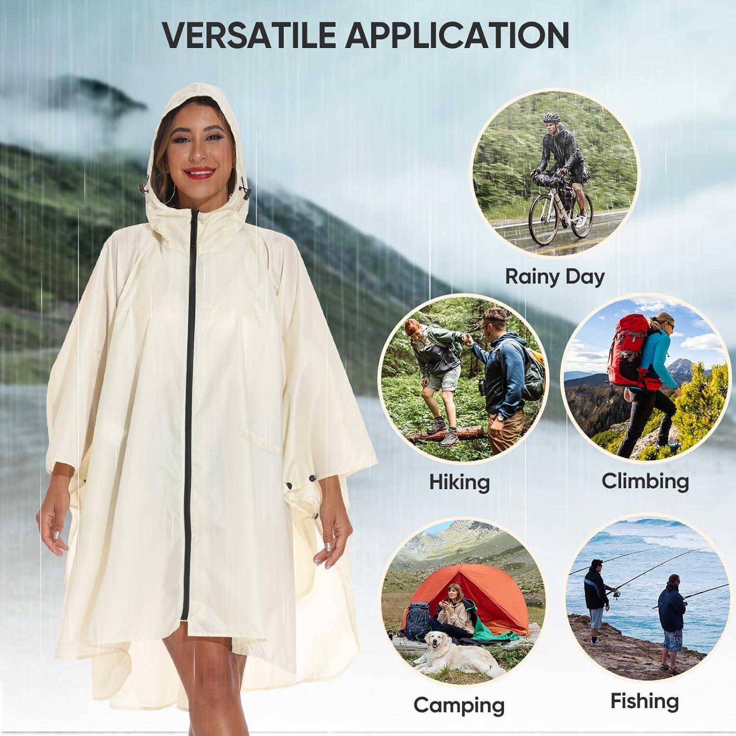 image:imagePTEROMY Hooded Rain Poncho for Adult with Pocket and Zipper Waterproof Lightweight Raincoat for Men and WomenBeige