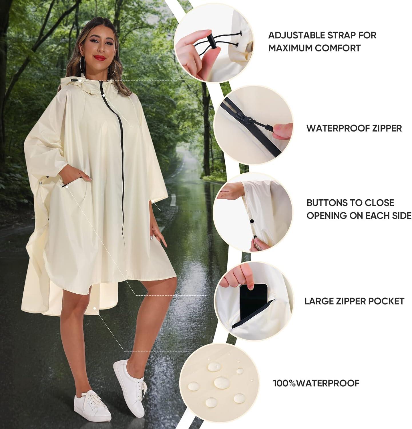 image:imagePTEROMY Hooded Rain Poncho for Adult with Pocket and Zipper Waterproof Lightweight Raincoat for Men and WomenBeige