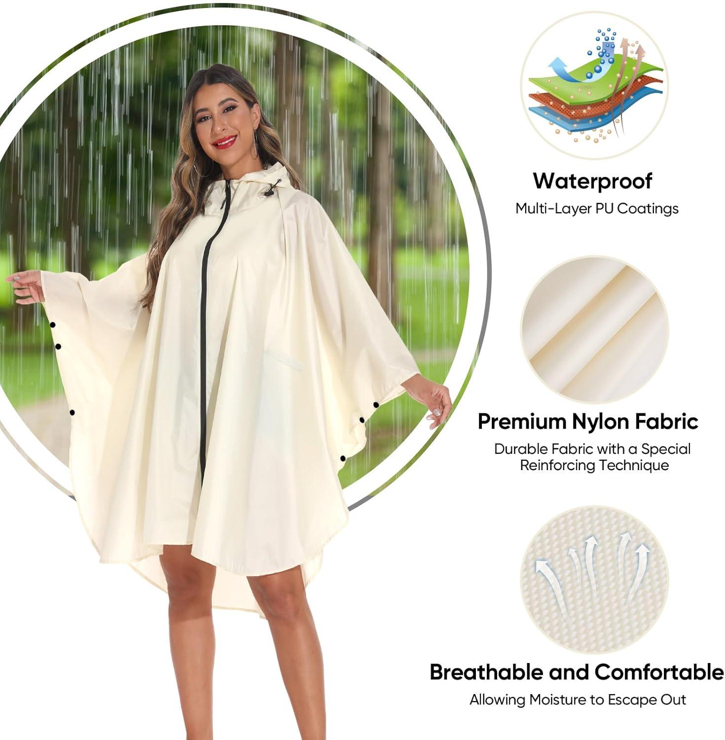 image:imagePTEROMY Hooded Rain Poncho for Adult with Pocket and Zipper Waterproof Lightweight Raincoat for Men and WomenBeige