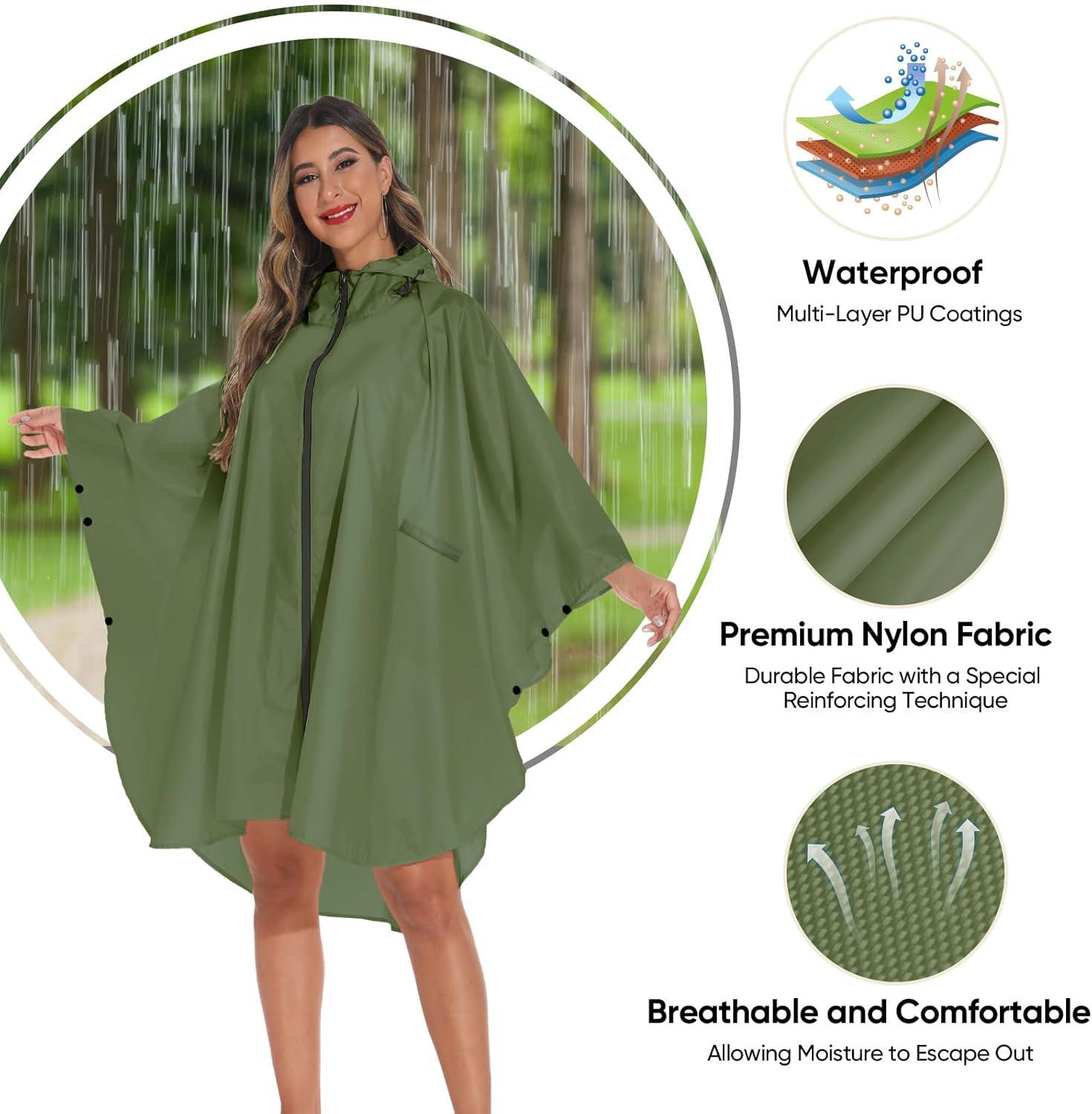 image:imagePTEROMY Hooded Rain Poncho for Adult with Pocket and Zipper Waterproof Lightweight Raincoat for Men and WomenGreen