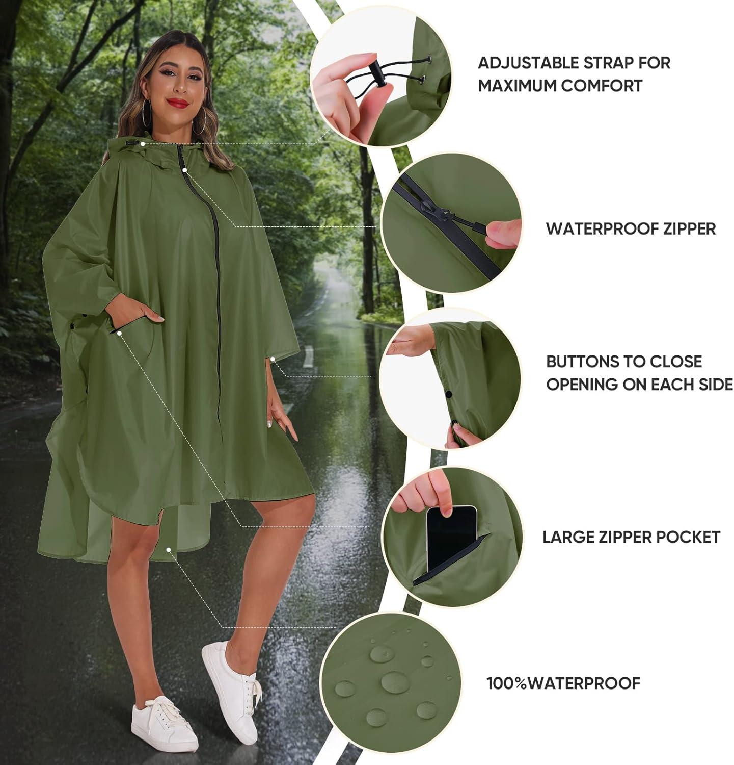 image:imagePTEROMY Hooded Rain Poncho for Adult with Pocket and Zipper Waterproof Lightweight Raincoat for Men and WomenGreen