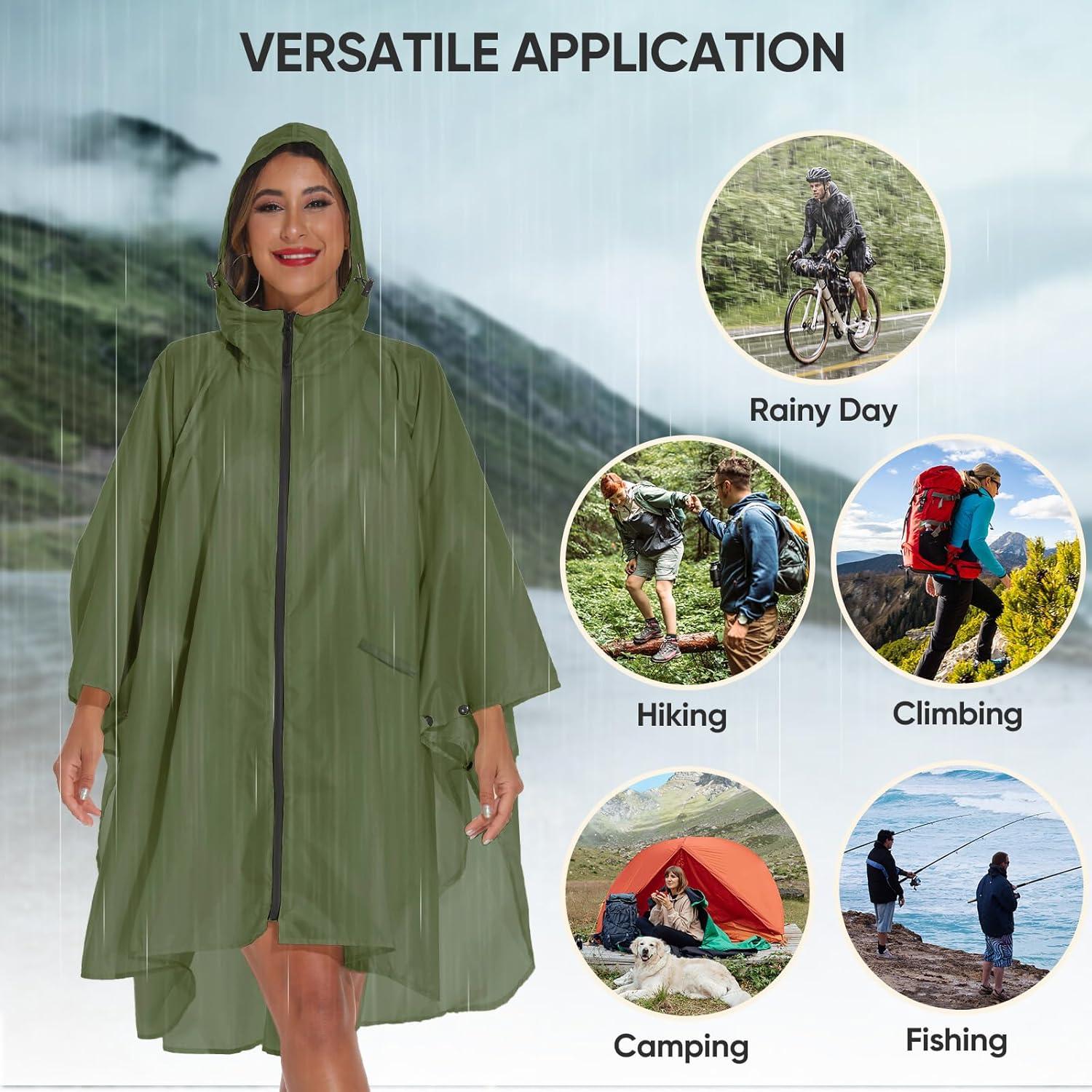 image:imagePTEROMY Hooded Rain Poncho for Adult with Pocket and Zipper Waterproof Lightweight Raincoat for Men and WomenGreen