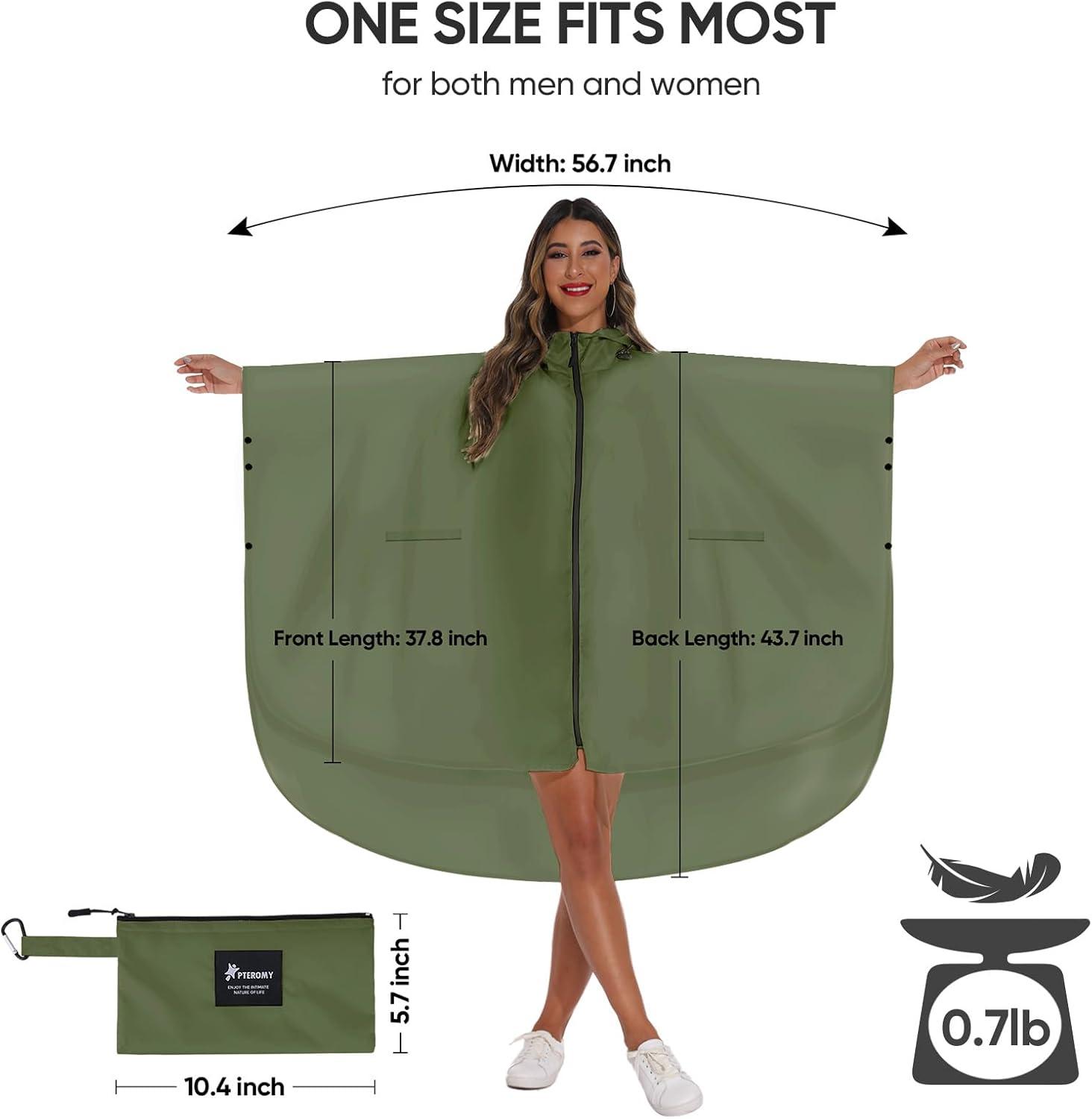image:imagePTEROMY Hooded Rain Poncho for Adult with Pocket and Zipper Waterproof Lightweight Raincoat for Men and WomenGreen
