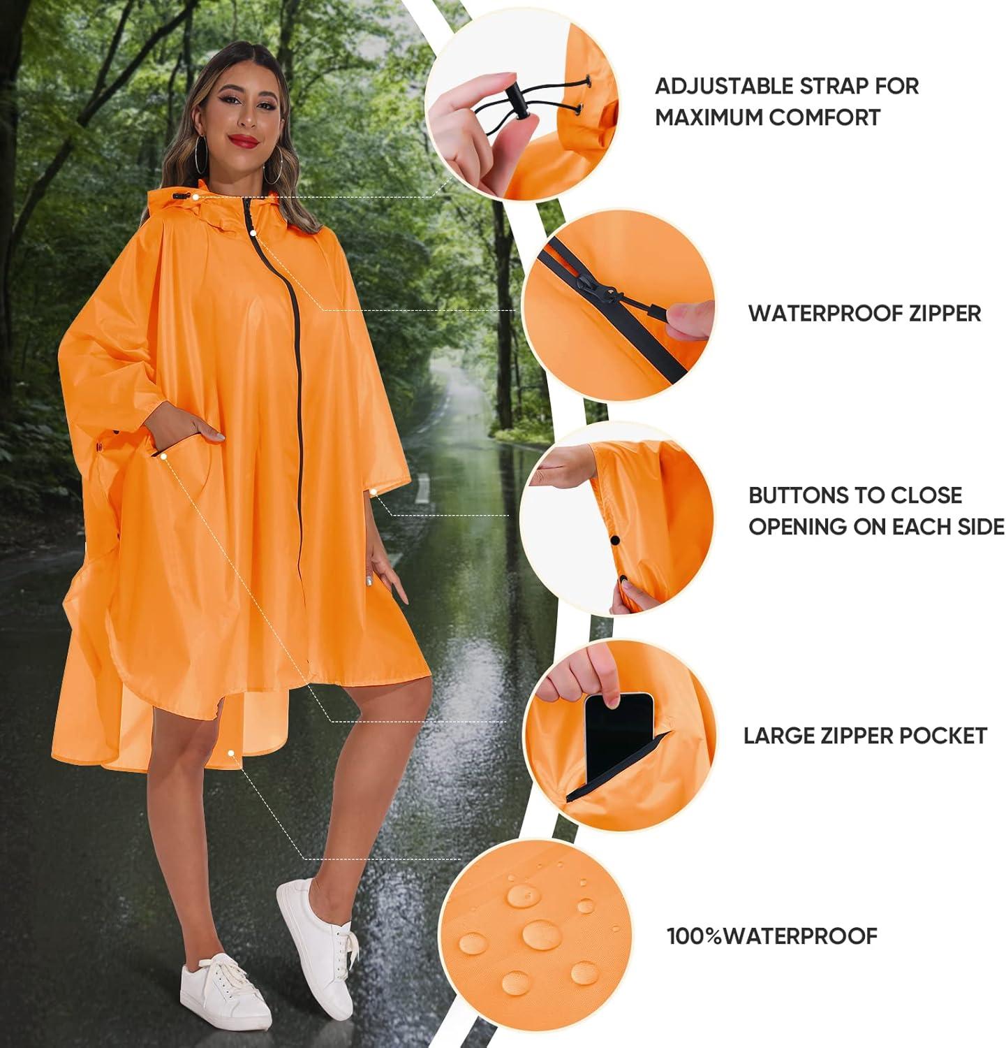 image:imagePTEROMY Hooded Rain Poncho for Adult with Pocket and Zipper Waterproof Lightweight Raincoat for Men and WomenOrange