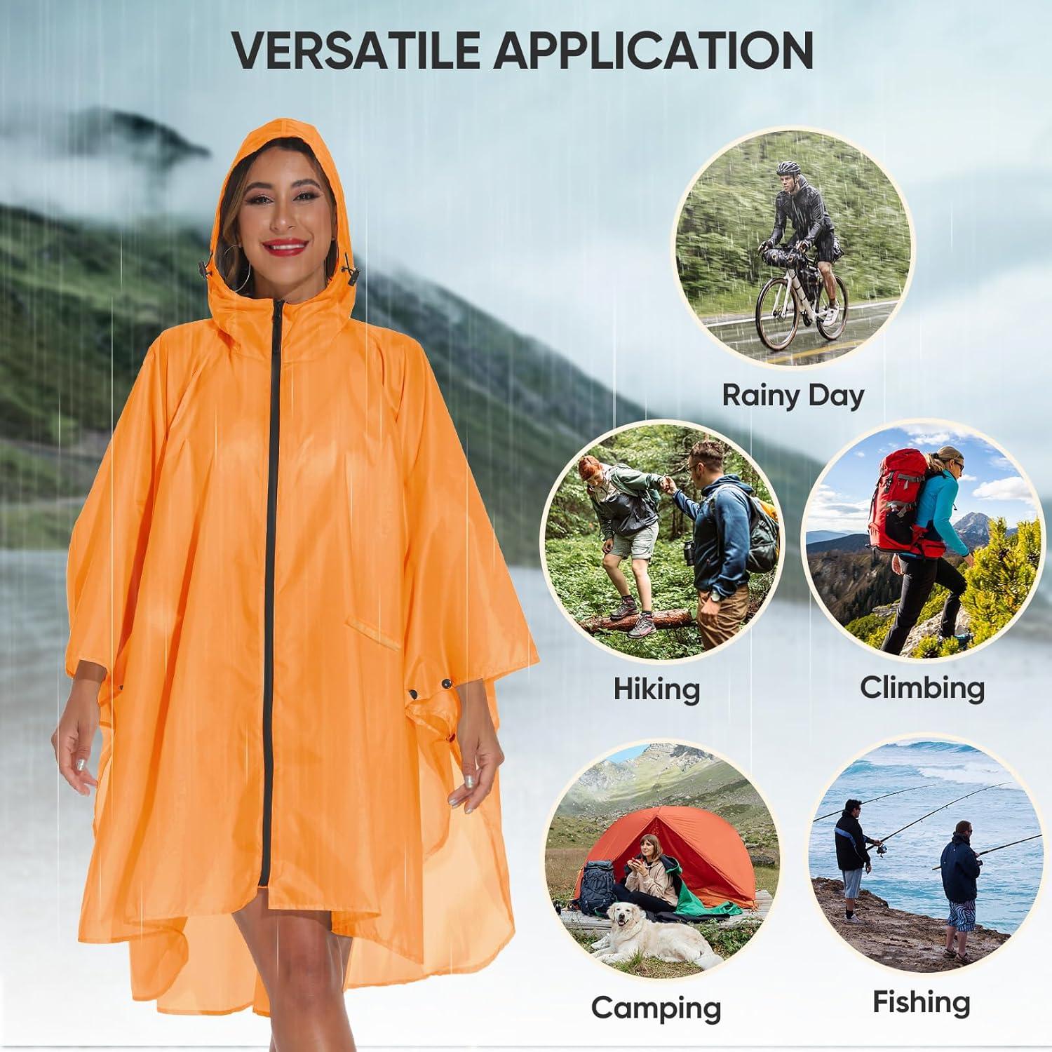 image:imagePTEROMY Hooded Rain Poncho for Adult with Pocket and Zipper Waterproof Lightweight Raincoat for Men and WomenOrange