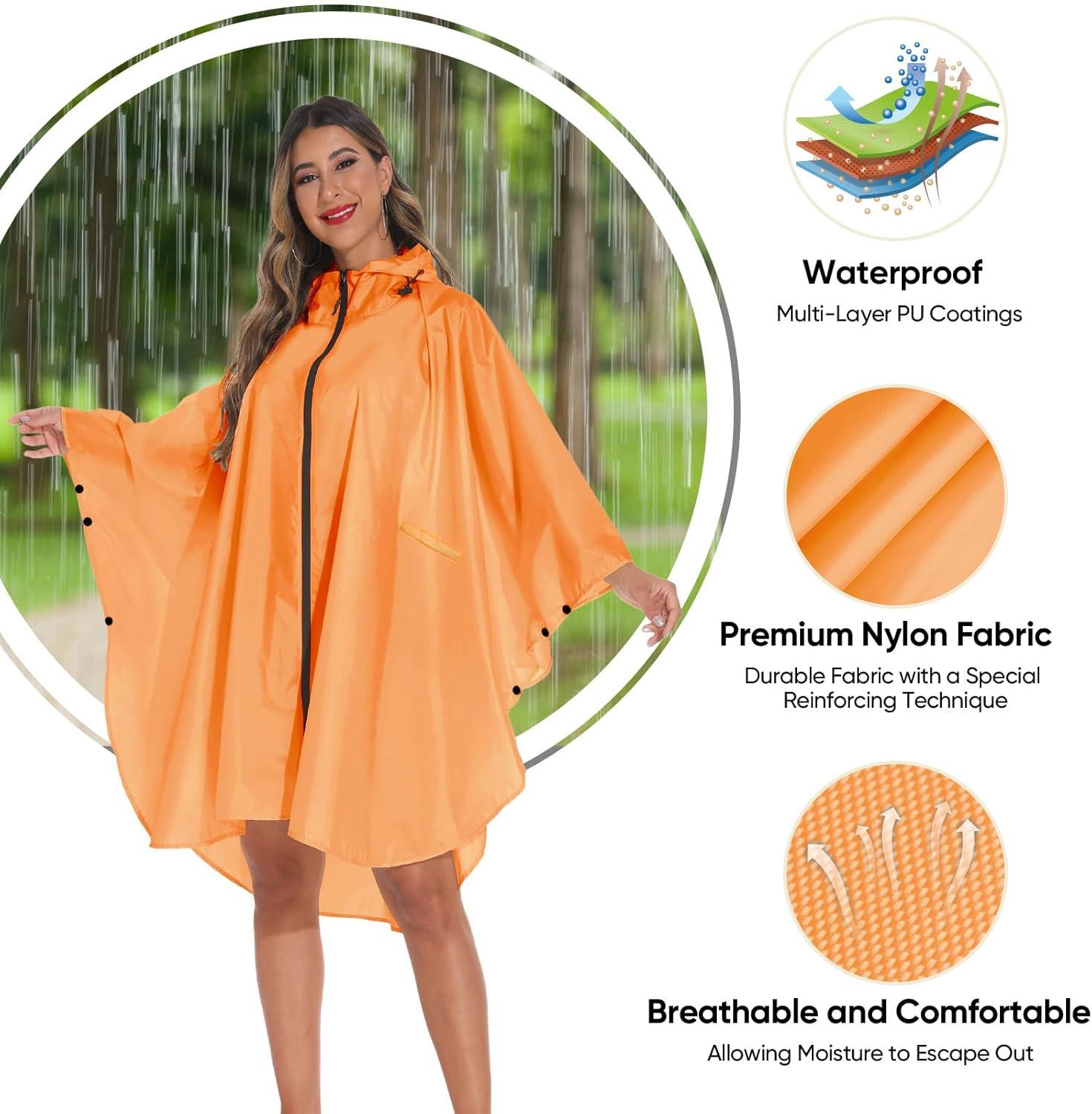 image:imagePTEROMY Hooded Rain Poncho for Adult with Pocket and Zipper Waterproof Lightweight Raincoat for Men and WomenOrange