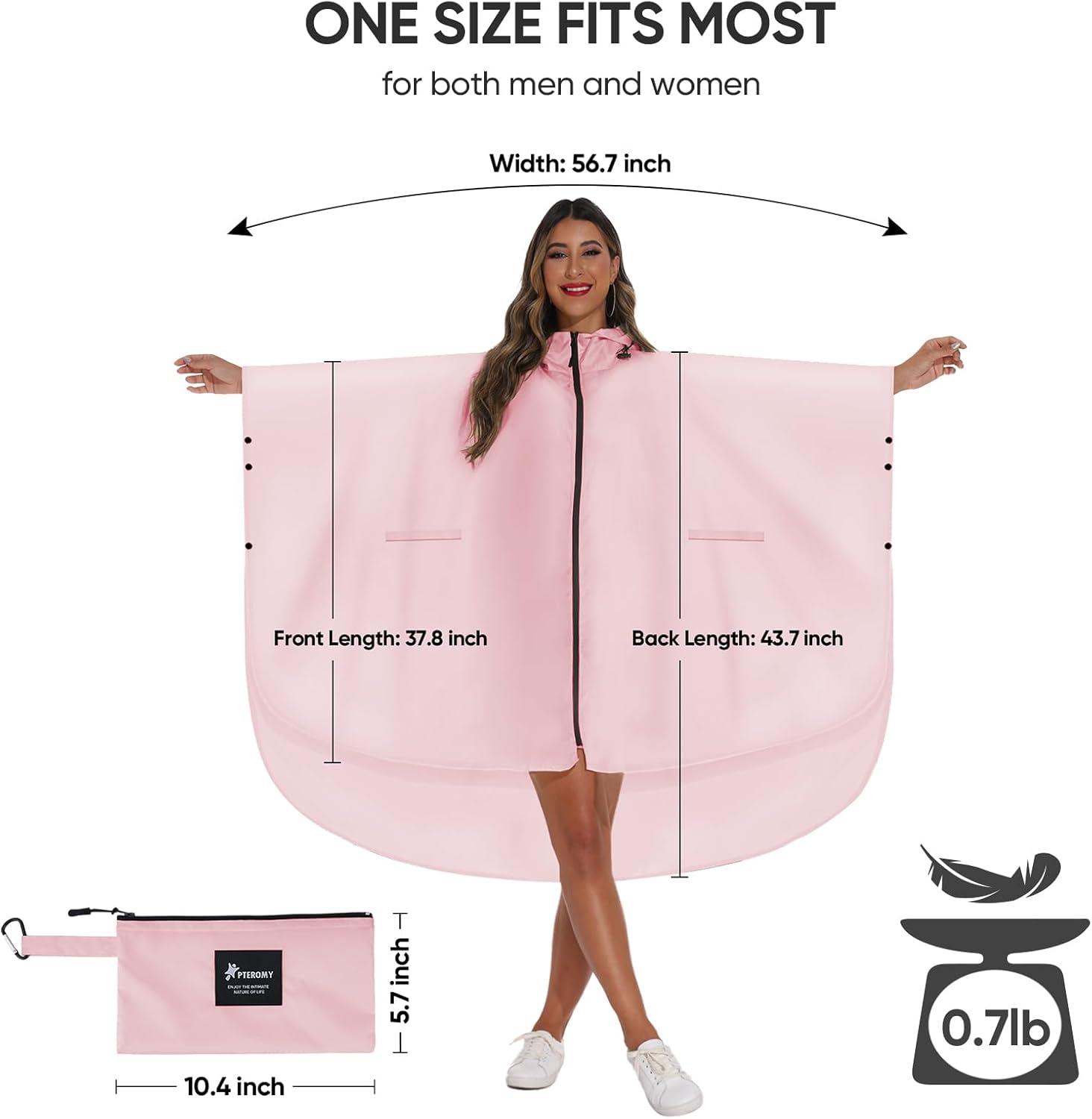 image:imagePTEROMY Hooded Rain Poncho for Adult with Pocket and Zipper Waterproof Lightweight Raincoat for Men and WomenPink