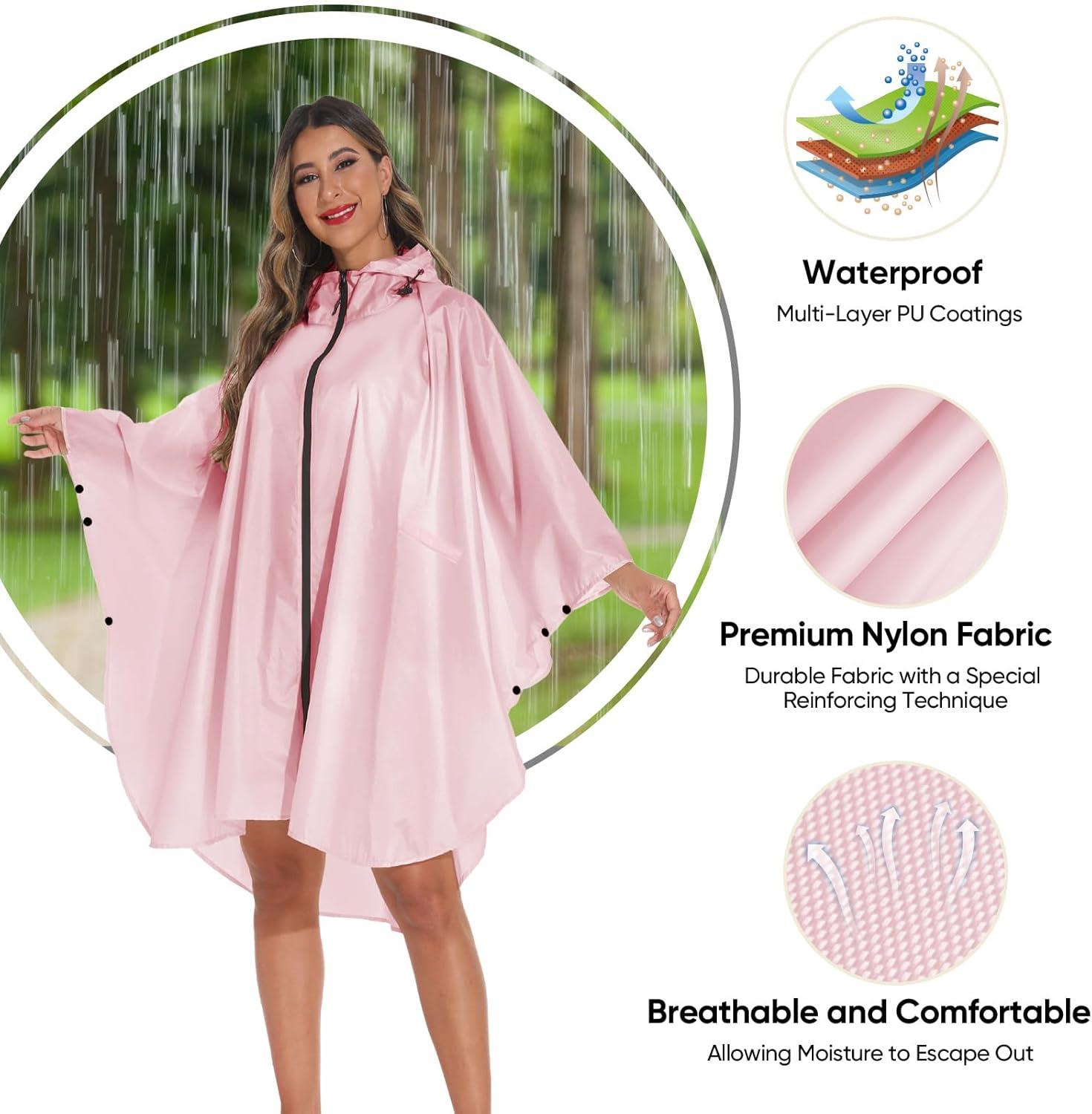 image:imagePTEROMY Hooded Rain Poncho for Adult with Pocket and Zipper Waterproof Lightweight Raincoat for Men and WomenPink
