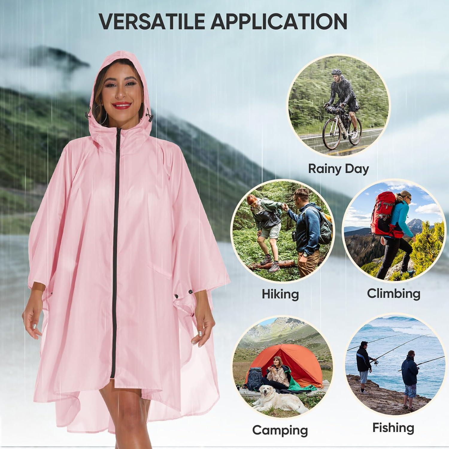 image:imagePTEROMY Hooded Rain Poncho for Adult with Pocket and Zipper Waterproof Lightweight Raincoat for Men and WomenPink