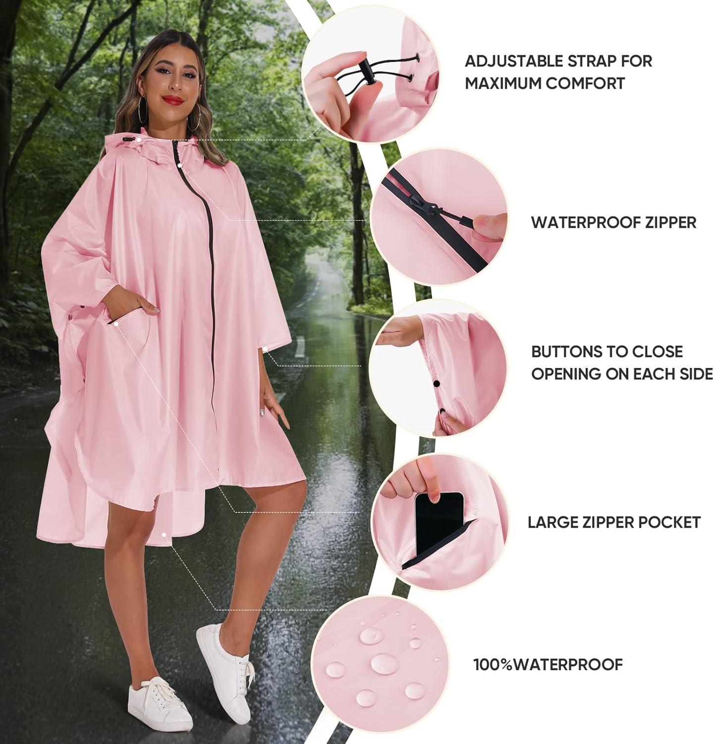 image:imagePTEROMY Hooded Rain Poncho for Adult with Pocket and Zipper Waterproof Lightweight Raincoat for Men and WomenPink