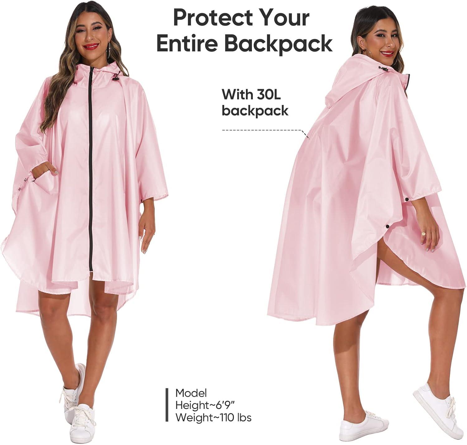 image:imagePTEROMY Hooded Rain Poncho for Adult with Pocket and Zipper Waterproof Lightweight Raincoat for Men and WomenPink