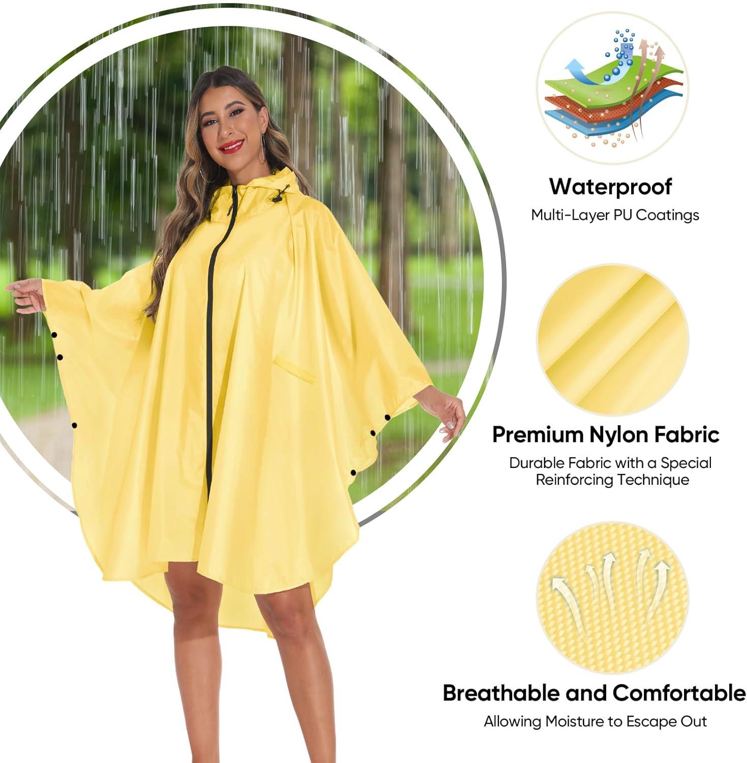 image:imagePTEROMY Hooded Rain Poncho for Adult with Pocket and Zipper Waterproof Lightweight Raincoat for Men and WomenYellow