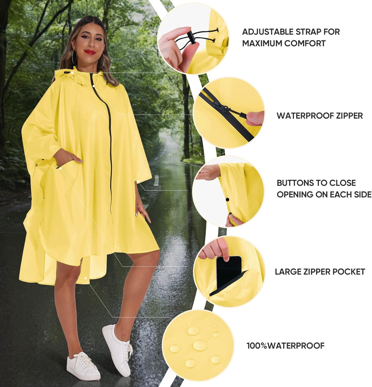image:imagePTEROMY Hooded Rain Poncho for Adult with Pocket and Zipper Waterproof Lightweight Raincoat for Men and WomenYellow