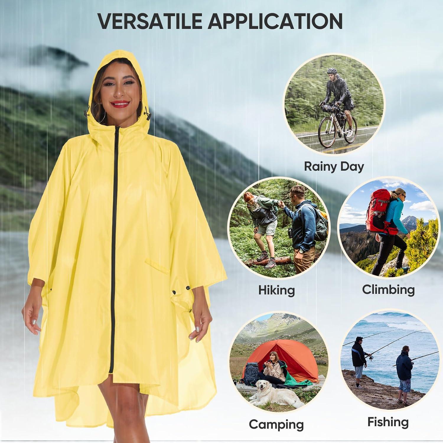 image:imagePTEROMY Hooded Rain Poncho for Adult with Pocket and Zipper Waterproof Lightweight Raincoat for Men and WomenYellow