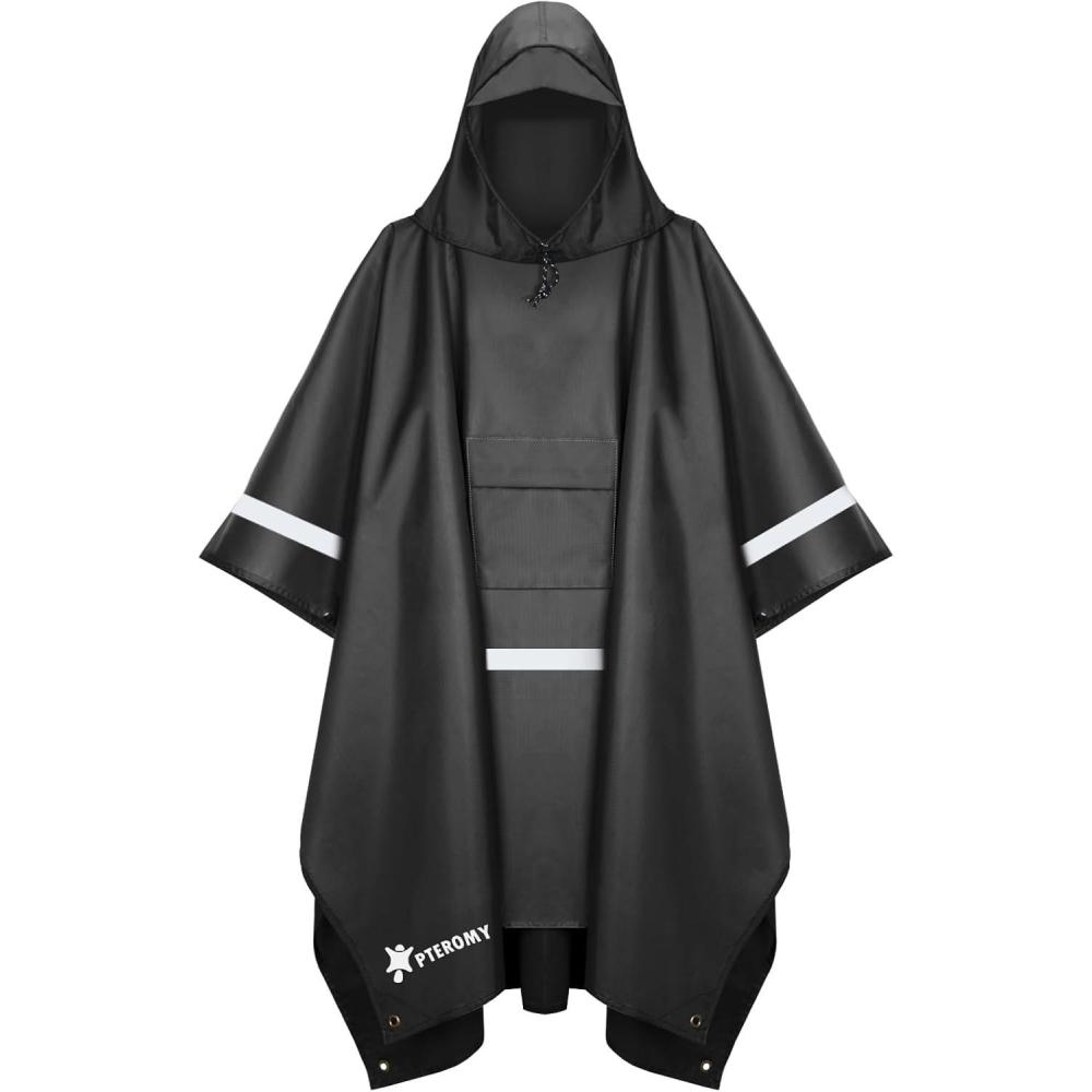 image:imagePTEROMY 3in1 Hooded Rain Poncho for Adult with Pocket Waterproof Lightweight Unisex Raincoat for Hiking Camping EmergencyBlack W Reflective Stripe