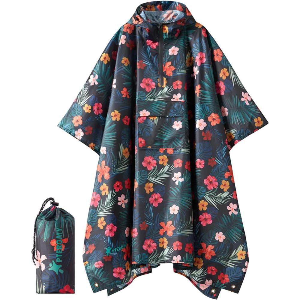image:imagePTEROMY 3in1 Hooded Rain Poncho for Adult with Pocket Waterproof Lightweight Unisex Raincoat for Hiking Camping EmergencyBlossom Season 14 Zipper