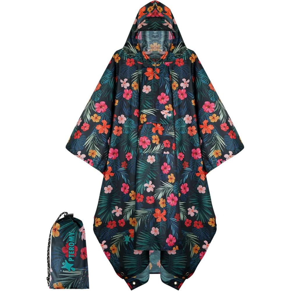 image:imagePTEROMY 3in1 Hooded Rain Poncho for Adult with Pocket Waterproof Lightweight Unisex Raincoat for Hiking Camping EmergencyBlossom Season