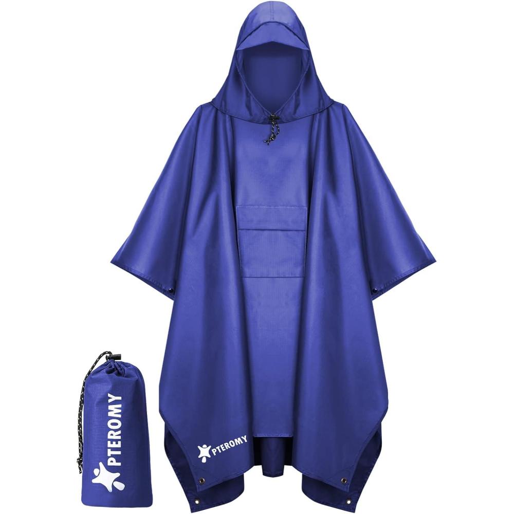 image:imagePTEROMY 3in1 Hooded Rain Poncho for Adult with Pocket Waterproof Lightweight Unisex Raincoat for Hiking Camping EmergencyBlue