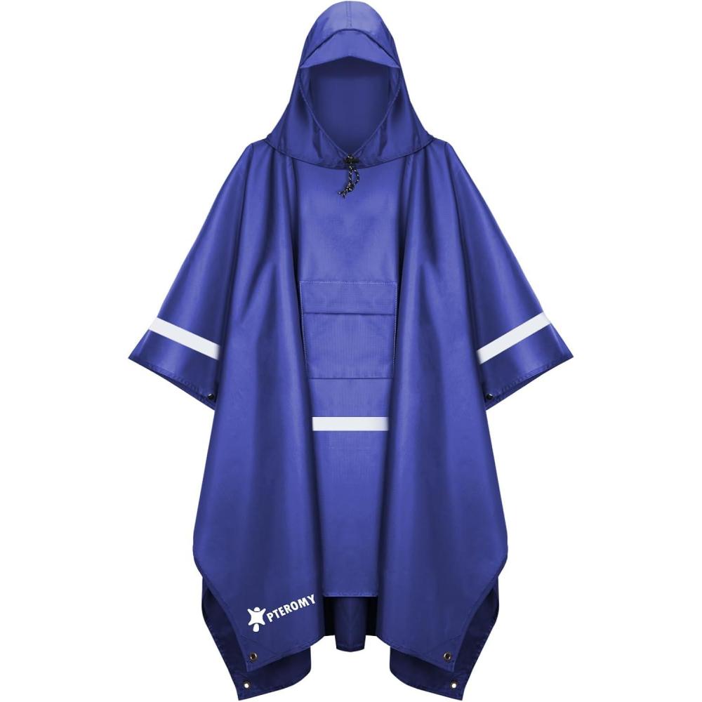 image:imagePTEROMY 3in1 Hooded Rain Poncho for Adult with Pocket Waterproof Lightweight Unisex Raincoat for Hiking Camping EmergencyBlue W Reflective Stripe