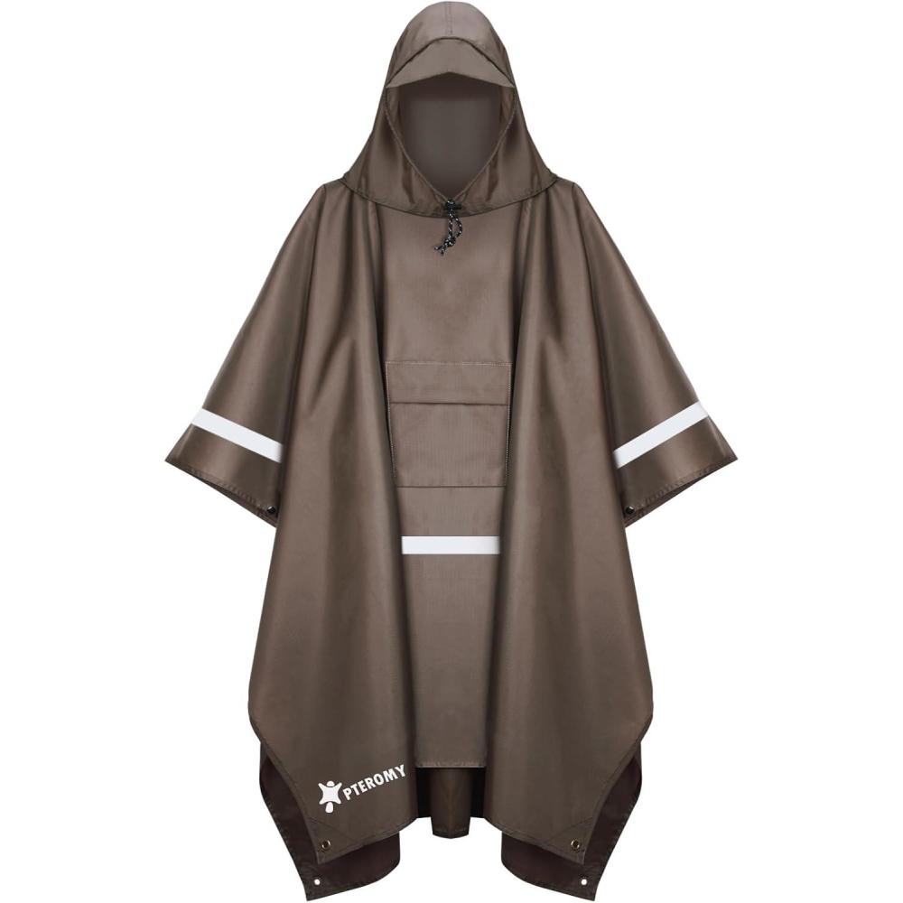 image:imagePTEROMY 3in1 Hooded Rain Poncho for Adult with Pocket Waterproof Lightweight Unisex Raincoat for Hiking Camping EmergencyBrown W Reflective Stripe