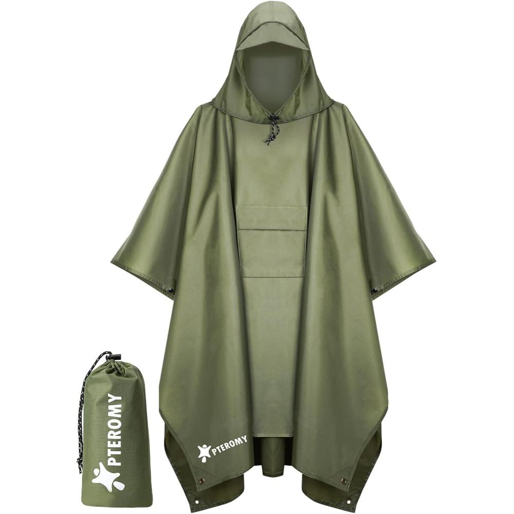 image:imagePTEROMY 3in1 Hooded Rain Poncho for Adult with Pocket Waterproof Lightweight Unisex Raincoat for Hiking Camping EmergencyGreen