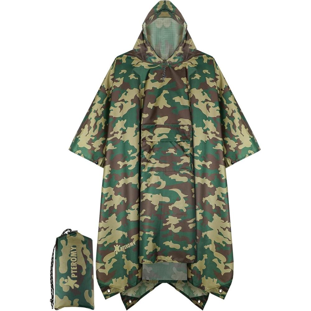 image:imagePTEROMY 3in1 Hooded Rain Poncho for Adult with Pocket Waterproof Lightweight Unisex Raincoat for Hiking Camping EmergencyGreen Camo