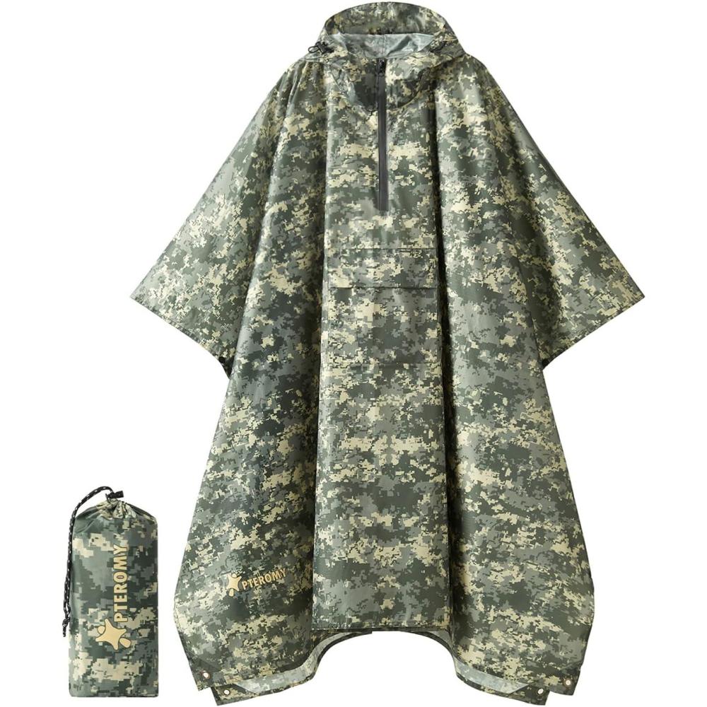 image:imagePTEROMY 3in1 Hooded Rain Poncho for Adult with Pocket Waterproof Lightweight Unisex Raincoat for Hiking Camping EmergencyGreen Digi Camo 14 Zipper