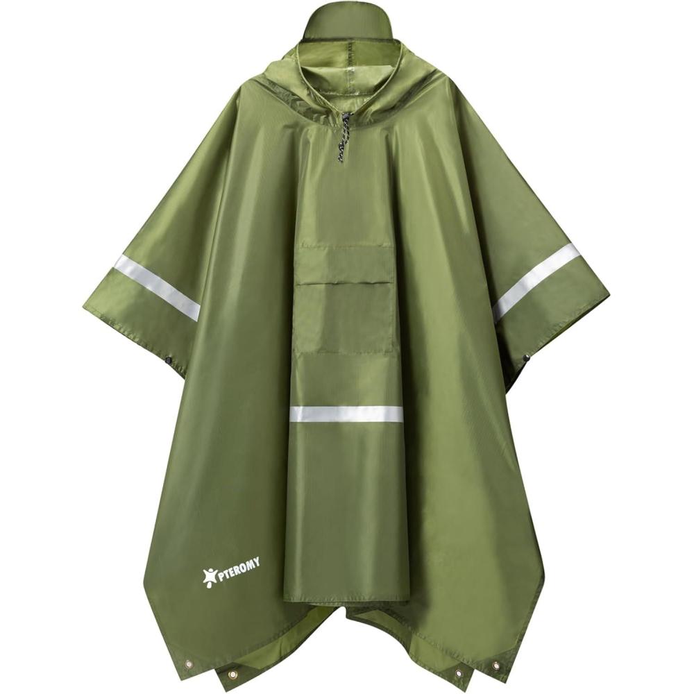 image:imagePTEROMY 3in1 Hooded Rain Poncho for Adult with Pocket Waterproof Lightweight Unisex Raincoat for Hiking Camping EmergencyGreen W Reflective Stripe