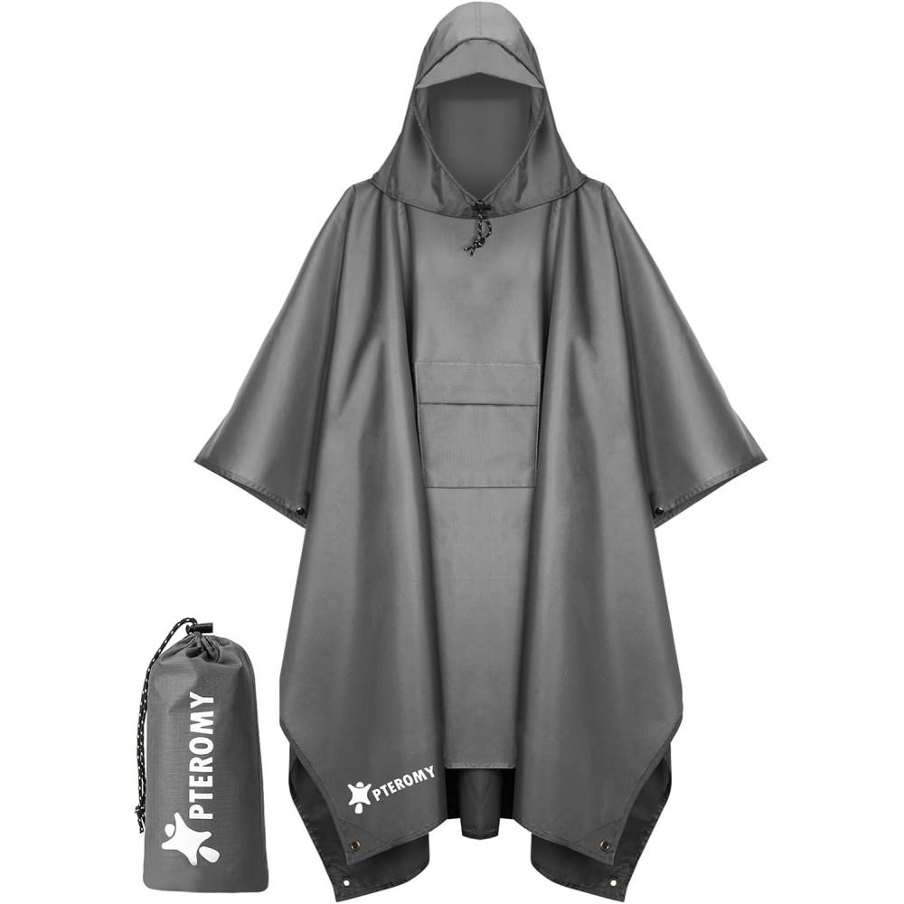 image:imagePTEROMY 3in1 Hooded Rain Poncho for Adult with Pocket Waterproof Lightweight Unisex Raincoat for Hiking Camping EmergencyGrey