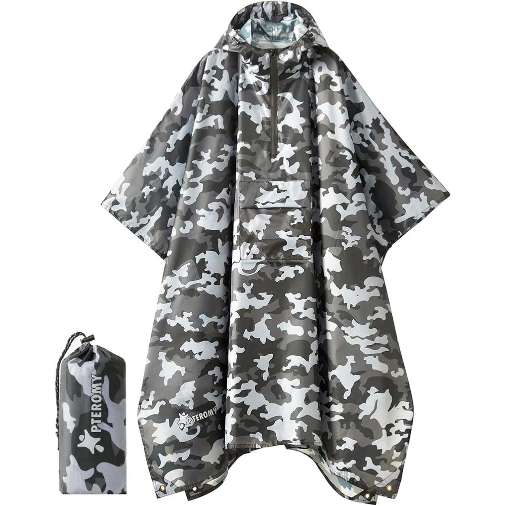 image:imagePTEROMY 3in1 Hooded Rain Poncho for Adult with Pocket Waterproof Lightweight Unisex Raincoat for Hiking Camping EmergencyGrey Camo 14 Zipper