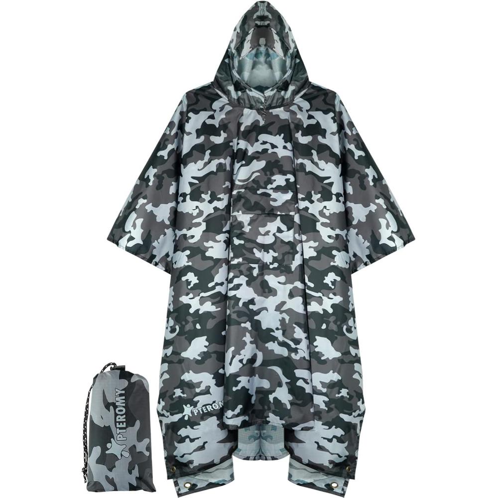 image:imagePTEROMY 3in1 Hooded Rain Poncho for Adult with Pocket Waterproof Lightweight Unisex Raincoat for Hiking Camping EmergencyGrey Camo